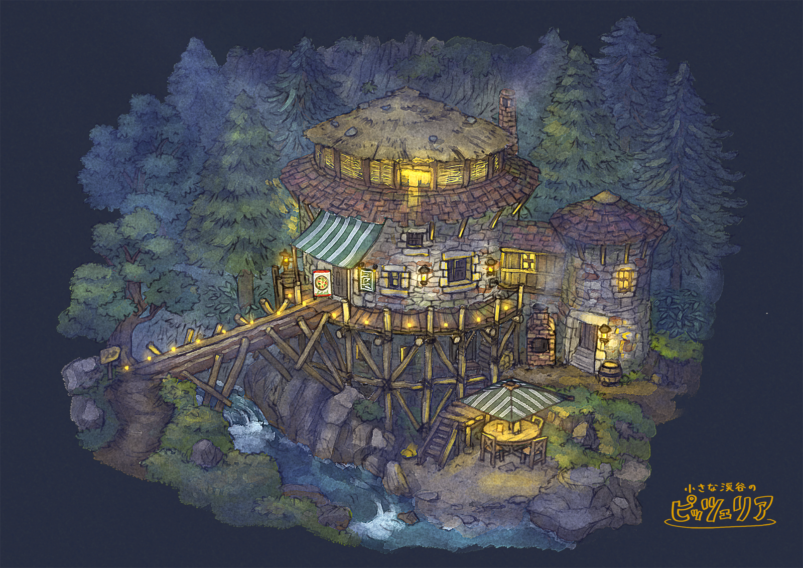 poppo sutchy, original, highres, translation request, architecture, beach umbrella, bridge, cliff, forest, grass, green umbrella, nature, night, no humans, outdoors, path, river, road, rock, scenery, steam, striped umbrella, table, umbrella