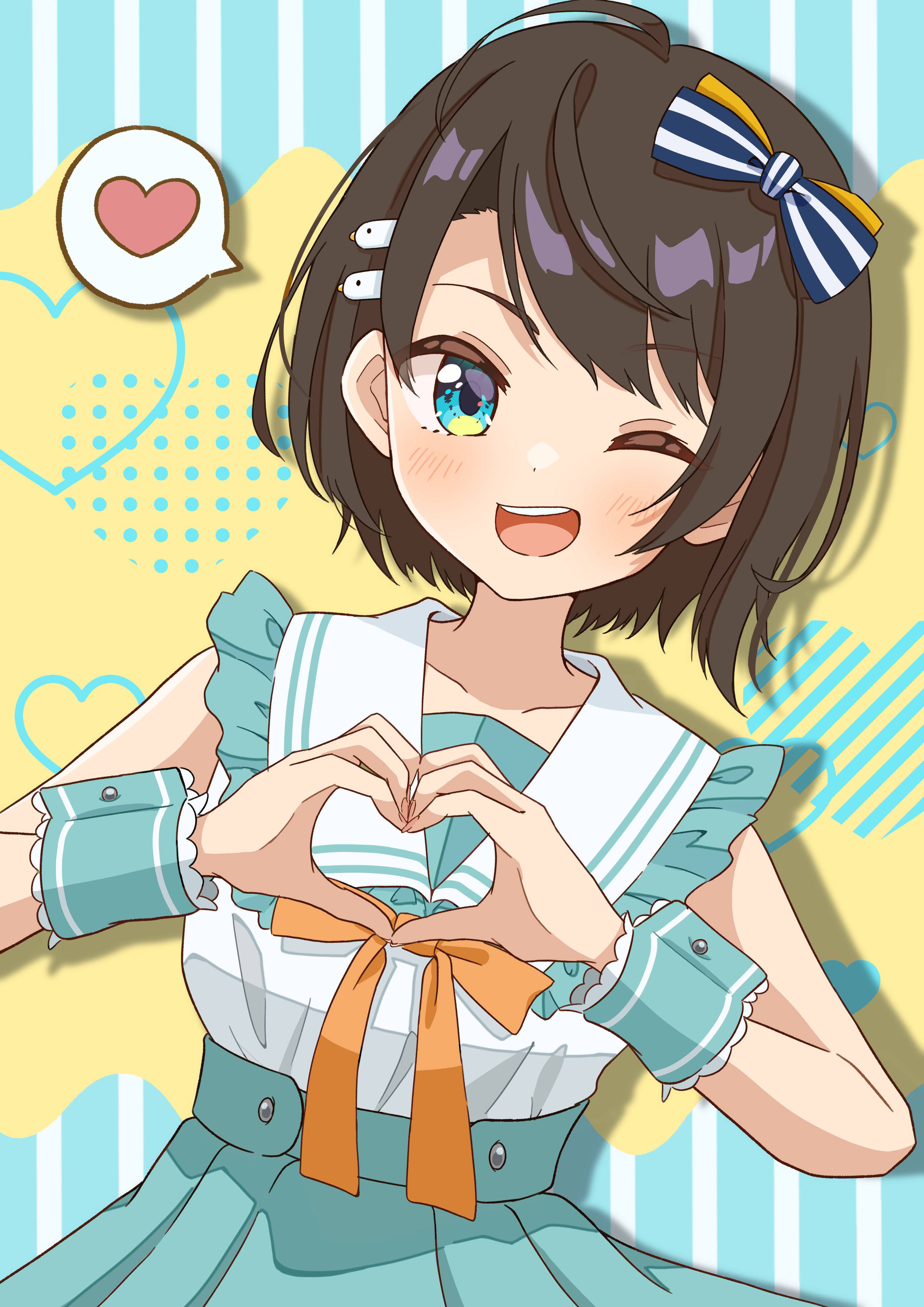 refisa, oozora subaru, oozora subaru (9th costume), hololive, absurdres, highres, 1girl, blue eyes, blue skirt, blue wrist cuffs, brown hair, heart, heart hands, official alternate costume, one eye closed, open mouth, shirt, skirt, smile, solo, spoken heart, teeth, upper teeth only, virtual youtuber, white shirt, wrist cuffs