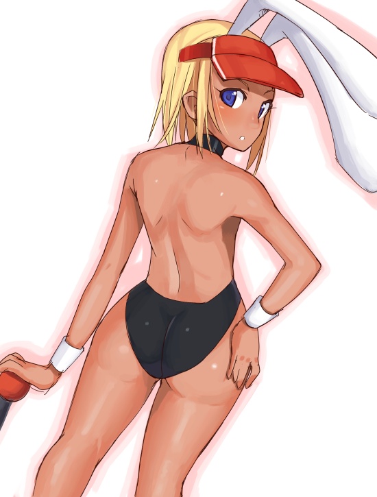 nagase haruhito, catherine kyoubashi, aq interactive, arcana heart, arcana heart 2, atlus, examu, visor, bad id, bad pixiv id, 1girl, animal ears, ass, bare back, bare legs, blonde hair, blue eyes, cuffs, dark-skinned female, dark skin, female focus, from behind, hand on own hip, hat, leotard, looking back, panties, rabbit ears, short hair, simple background, solo, tan, underwear, visor cap, white background, wrist cuffs