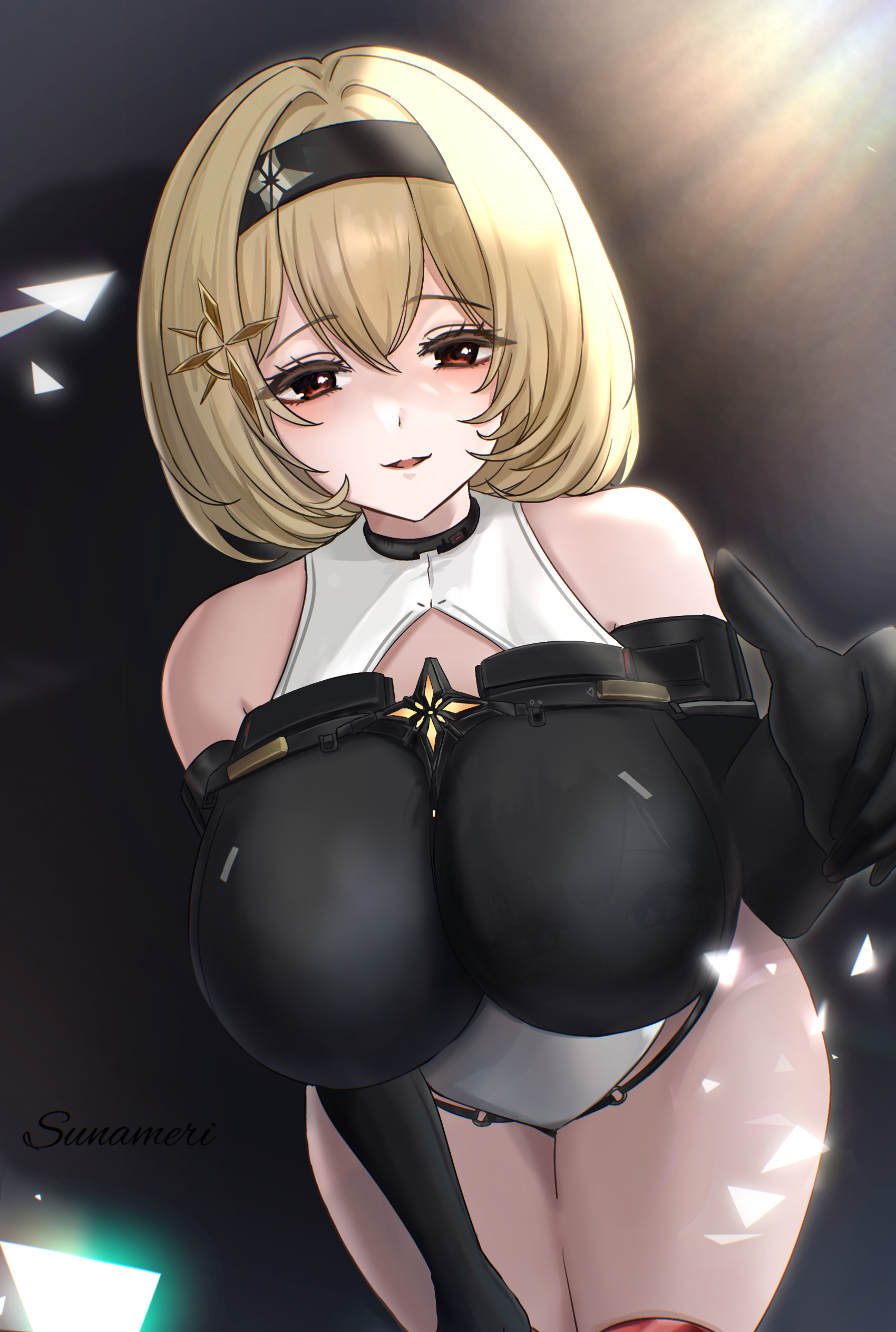 sunameri (pixiv3564245), red shoes (nikke), goddess of victory: nikke, absurdres, commentary request, highres, partial commentary, 1girl, armored boots, bare shoulders, bent over, black gloves, black hairband, black leotard, blonde hair, boots, breasts, cowboy shot, crossed bangs, elbow gloves, gloves, hair between eyes, hair ornament, hairband, hand on own thigh, impossible clothes, impossible leotard, large breasts, leotard, light particles, light rays, looking at viewer, medium hair, multicolored leotard, o-ring, o-ring bottom, o-ring panties, panties, panties under leotard, parted lips, red eyes, sidelocks, smile, solo, standing, two-tone leotard, underwear, white leotard