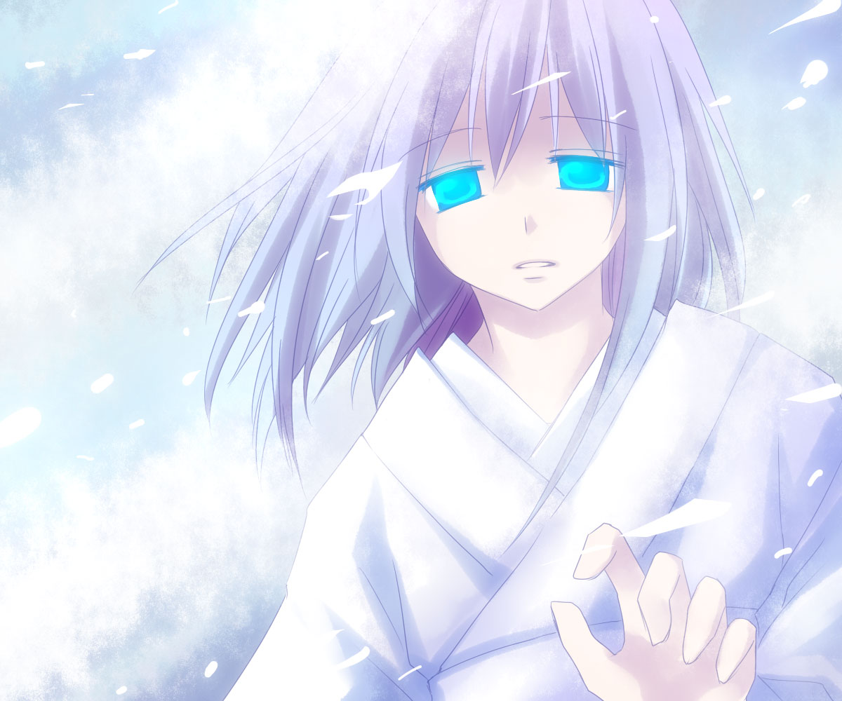 asahina, letty whiterock, touhou, 1girl, blue eyes, blue hair, female focus, glowing, glowing eyes, japanese clothes, kimono, matching hair/eyes, snow, solo, yuki onna