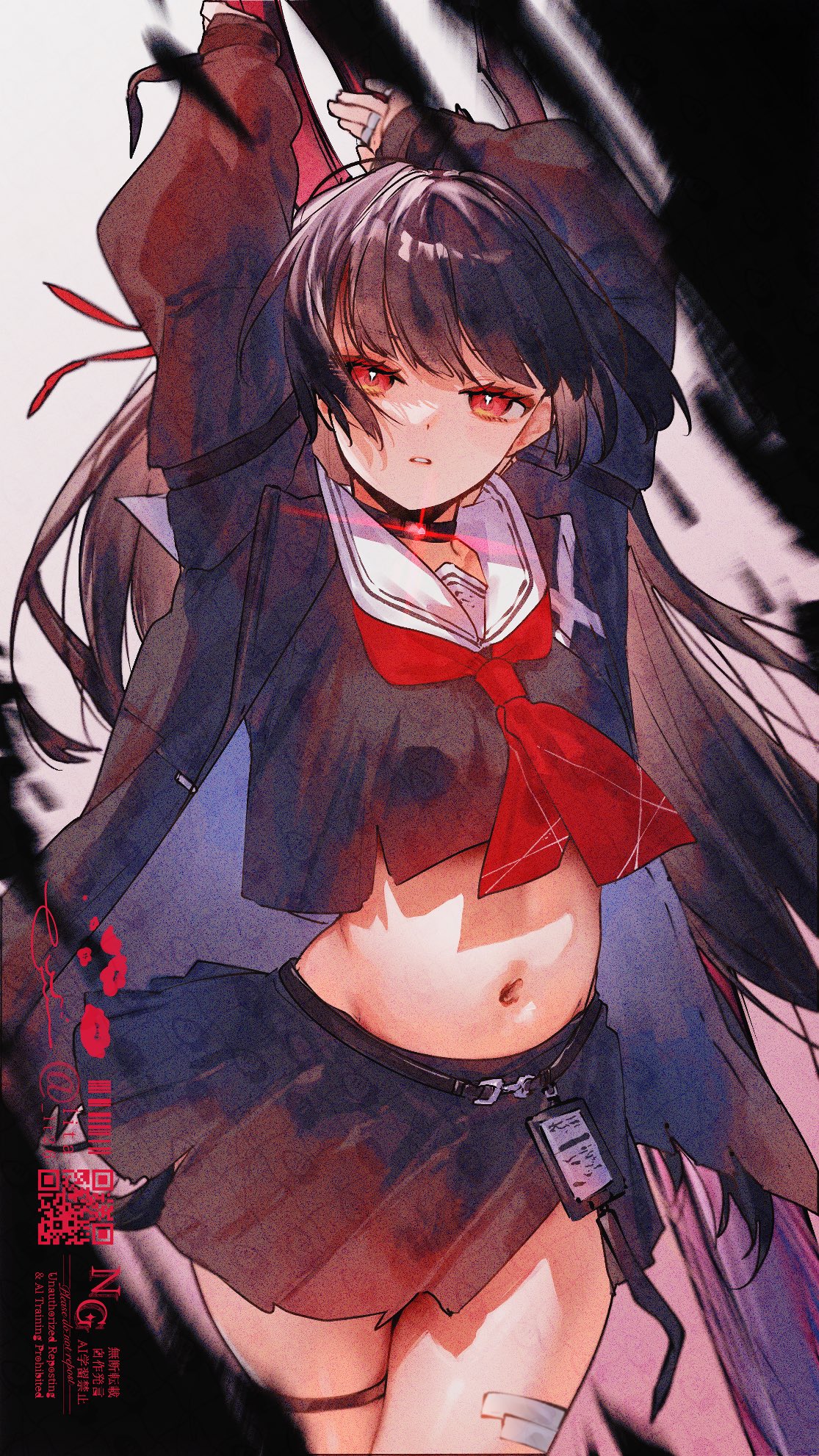 lt26, chisa (wuthering waves), wuthering waves, commentary, highres, 1girl, arms up, black choker, black hair, black jacket, black serafuku, black skirt, breasts, choker, crop top, glint, jacket, long hair, looking at viewer, medium breasts, navel, neckerchief, parted lips, red eyes, red neckerchief, sailor collar, school uniform, serafuku, skirt, solo, stomach, thigh strap, thighs, white sailor collar