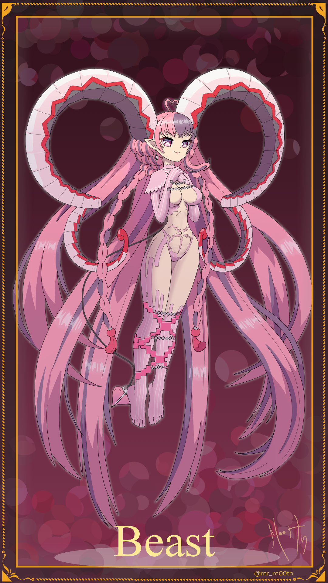 ironmouse, tiamat (fate), fate/grand order, fate (series), vshojo, commentary, english commentary, highres, 1girl, absurdly long hair, ahoge, braid, breasts, card (medium), card parody, cleavage, cosplay, crop top, curled horns, earrings, elbow gloves, full body, gloves, heart, heart ahoge, horns, jewelry, large horns, long hair, mr. mo.oth, multicolored hair, narrow waist, navel, pink eyes, pink gloves, pink hair, pointy ears, purple hair, signature, solo, symbol-shaped pupils, tiamat (fate) (cosplay), twitter username, two-tone hair, very long hair, virtual youtuber, x-shaped pupils