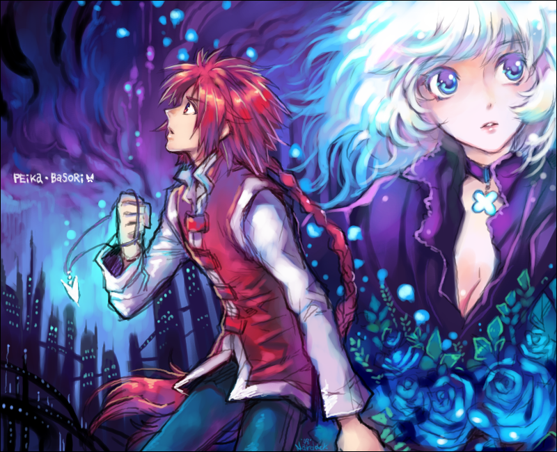 nardack, original, bad id, bad pixiv id, blue eyes, braid, choker, flower, jewelry, pendant, ponytail, profile, red hair, rose, skyline, white hair