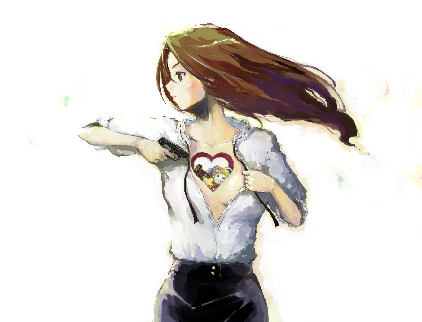travo, original, untied, brown eyes, brown hair, doll, gun, heart, long hair, open clothes, open shirt, shirt, solo, weapon, wind