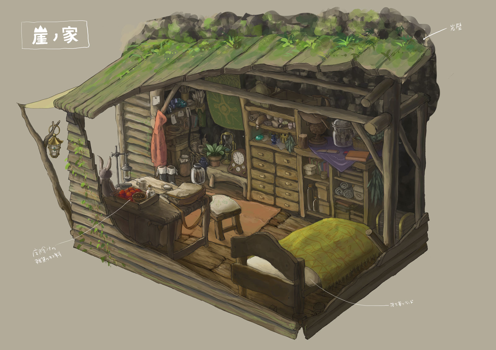 poppo sutchy, original, highres, translation request, analog clock, arrow (symbol), bed, clock, cross-section, drawer, flower pot, grey background, hourglass, no humans, plant, potted plant, scenery, simple background, stool, stuffed animal, stuffed rabbit, stuffed toy, treasure chest