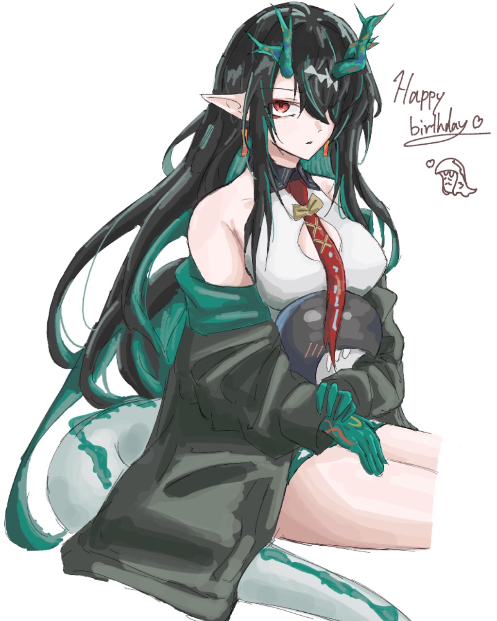 bitey (arknights), dusk (arknights), arknights, commentary, highres, 1girl, bare shoulders, black hair, black jacket, breasts, cleavage cutout, clothing cutout, collared dress, colored extremities, colored inner hair, contrast collar, cropped legs, dragon girl, dragon horns, dragon tail, dress, earrings, green hair, hair over one eye, hand on own wrist, happy birthday, heart, horns, jacket, jewelry, long hair, looking at viewer, medium breasts, multicolored hair, oekaki, off shoulder, one eye covered, paint chat (medium), pointy ears, red eyes, simple background, sitting, solo, tail, white background, white dress, zlgoin