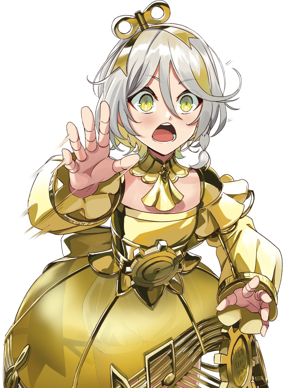 cahryos, cecilia immergreen, cecilia immergreen (1st costume), hololive, hololive english, gold collar, highres, 1girl, alternate color, alternate eye color, alternate hair color, blonde hair, colored inner hair, doll joints, gold ascot, gold skirt, gradient hair, grey hair, hair between eyes, joints, multicolored hair, open mouth, outstretched arm, romper, simple background, solo, virtual youtuber, white background, winding key, yellow eyes