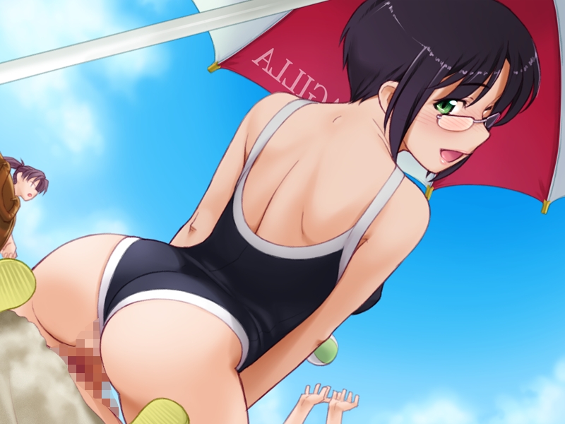 kiriyama taichi, furuhashi chinatsu, soga kaede, sweet home, game cg, 1boy, 2girls, :d, arms up, ass, back, ball, beach, beach umbrella, beachball, black hair, blue one-piece swimsuit, blush, buried, censored, clothed sex, clothing aside, cloud, competition school swimsuit, day, faceless, faceless female, from behind, from below, girl on top, glasses, green eyes, happy sex, hetero, looking at viewer, looking back, mosaic censoring, multiple girls, nose blush, one-piece swimsuit, open mouth, outdoors, parted bangs, penis, ponytail, pov, public indecency, purple hair, pussy, reverse cowgirl position, rimless eyewear, sand, sandals, school swimsuit, sex, sex from behind, short hair, sky, smile, solo focus, stealth sex, straddling, swimsuit, swimsuit aside, testicles, umbrella, vaginal