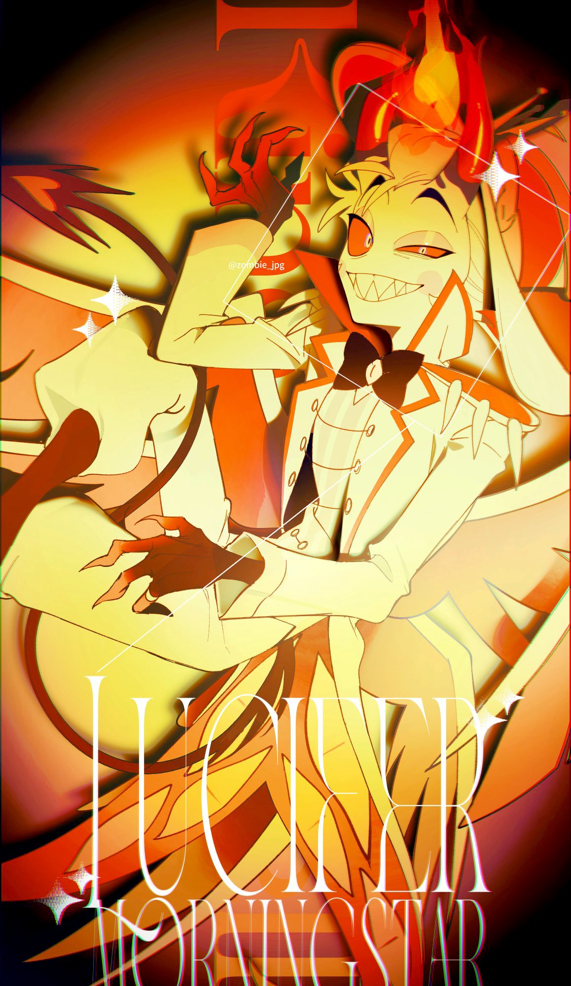 zombie jpg, lucifer morningstar (hazbin hotel), hazbin hotel, hellaverse, commentary request, hashtag-only commentary, highres, 1boy, angel, angel wings, blonde hair, demon boy, demon horns, fire, formal clothes, hair slicked back, horns, looking down, male focus, slit pupils, solo, suit, wings
