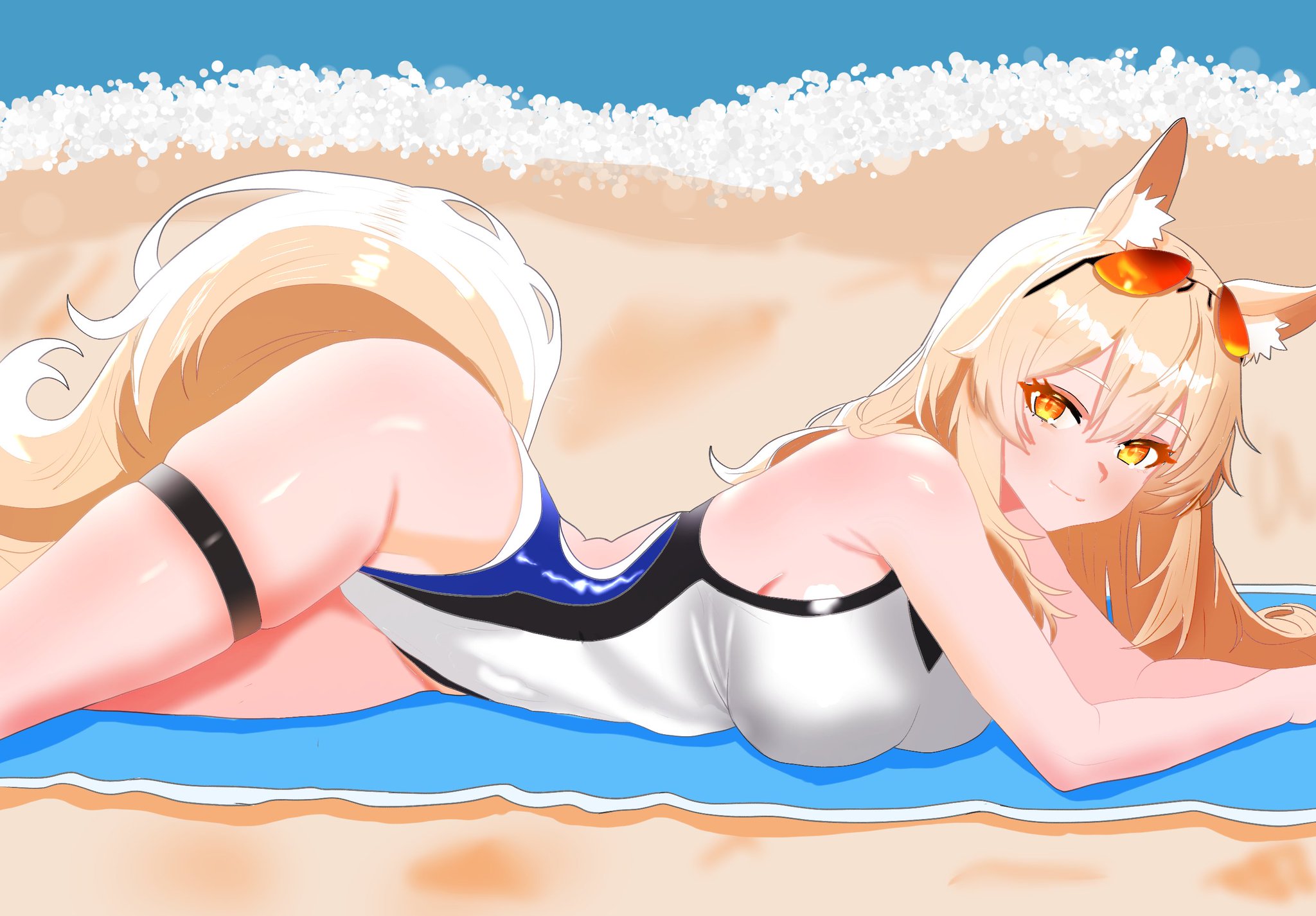 sgt syunkai2 (myyards), nearl (arknights), arknights, commentary request, highres, 1girl, animal ear fluff, animal ears, black one-piece swimsuit, blonde hair, blue one-piece swimsuit, breasts, closed mouth, cowboy shot, eyewear on head, hair between eyes, large breasts, light blush, long hair, looking at viewer, lying, one-piece swimsuit, orange-tinted eyewear, sketch background, smile, solo, swimsuit, tail, thigh strap, tinted eyewear, white one-piece swimsuit, yellow eyes, yellow tail