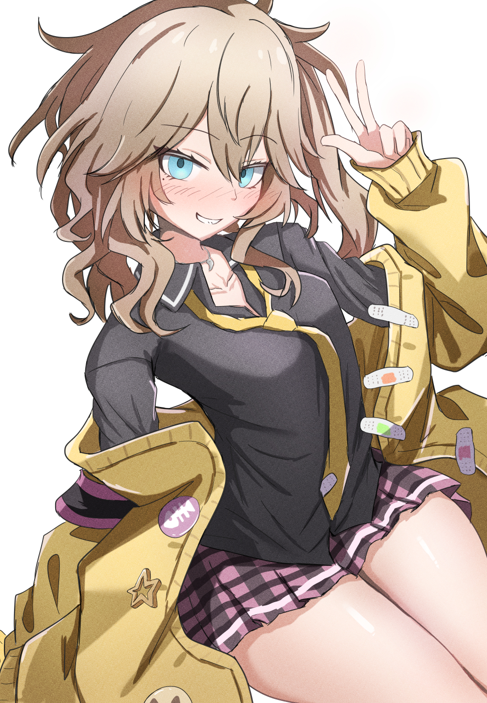 isgod, kasukabe tsumugi, voicevox, commentary request, highres, 1girl, aqua eyes, arm up, black shirt, brown hair, cardigan, cardigan partially removed, collarbone, collared shirt, cowboy shot, double-parted bangs, grin, hair between eyes, long bangs, long sleeves, looking at viewer, loose necktie, miniskirt, mole, mole under eye, necktie, plaid clothes, plaid skirt, shirt, simple background, sitting, skirt, smile, solo, w, wavy hair, white background, wing collar, yellow cardigan, yellow necktie