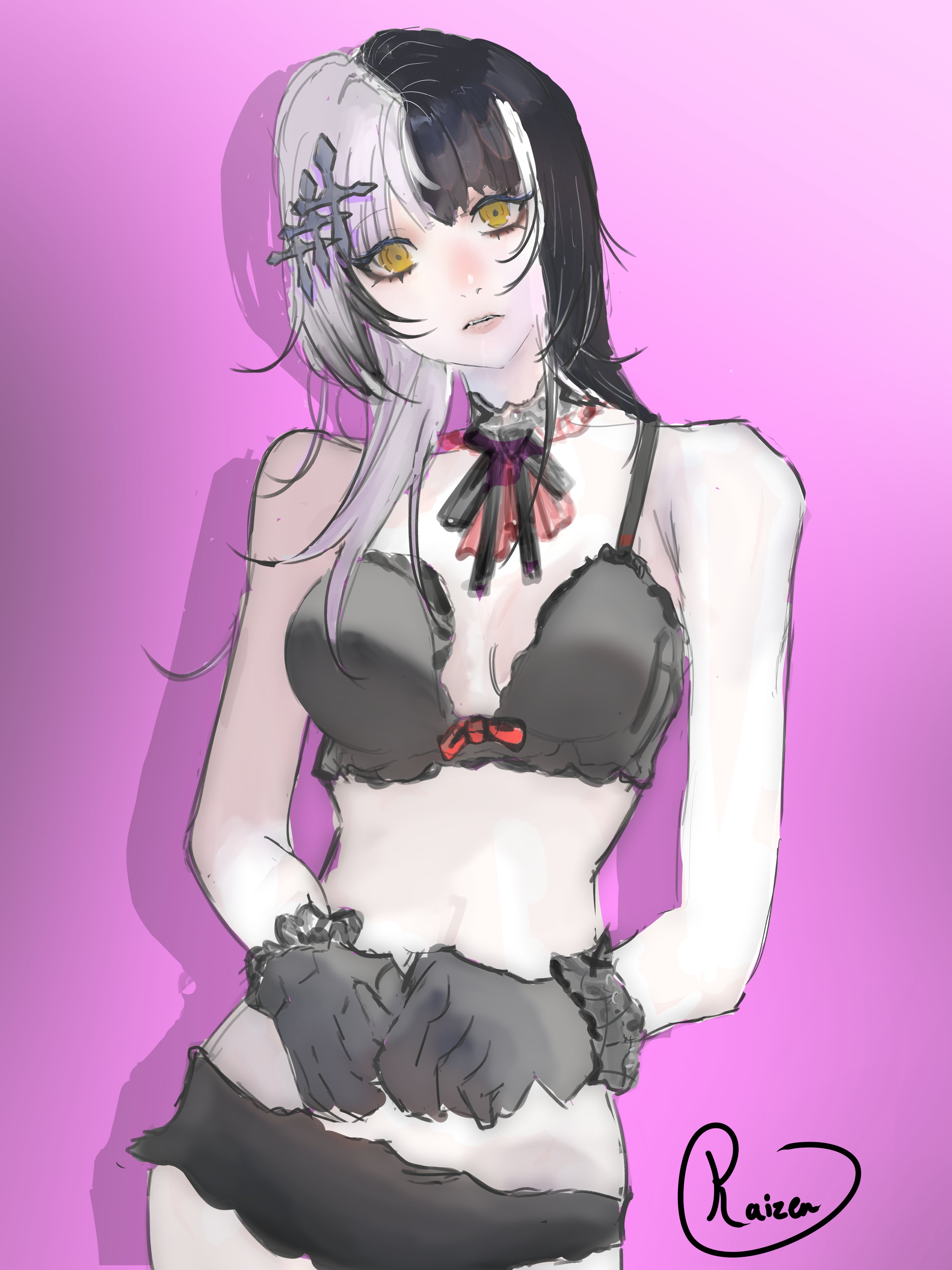 shiori novella, hololive, hololive english, absurdres, commentary, english commentary, highres, 1girl, black bra, black gloves, black hair, black panties, black ribbon, bra, breasts, gloves, gradient background, grey hair, kaizenzenn, large breasts, long hair, looking at viewer, multicolored hair, panties, pink background, ribbon, solo, split-color hair, two-tone hair, underwear, virtual youtuber, yellow eyes