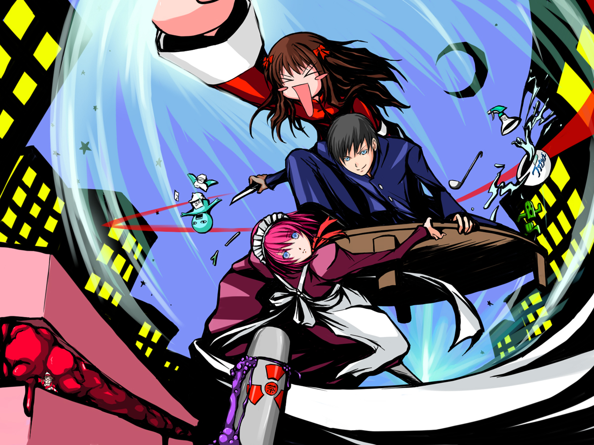 hiko-hendlix, arima miyako, hisui (tsukihime), nanaya shiki, sabotender, tohno shiki, wally (where's wally), final fantasy, melty blood, tsukihime, where's wally, > <, 00s, cityscape, closed eyes, crescent moon, flying saucer, food, high contrast, knife, maid, moon, night, radiation symbol, radioactive, sandwich, school uniform, spacecraft, spring onion, tea, ufo