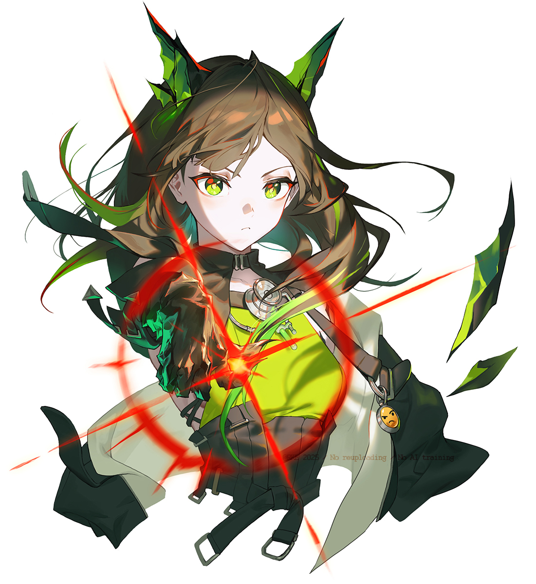 rke, mon3tr (arknights), arknights, highres, 1girl, black hair, black jacket, closed mouth, cropped torso, diffraction spikes, emoji, floating, green eyes, green hair, jacket, looking at viewer, magic, medium hair, solo, strap, watermark