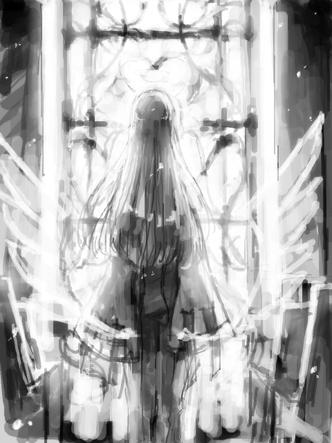 rahit, c.c., code geass, 00s, 1girl, angel wings, female focus, greyscale, indoors, monochrome, solo, window, wings