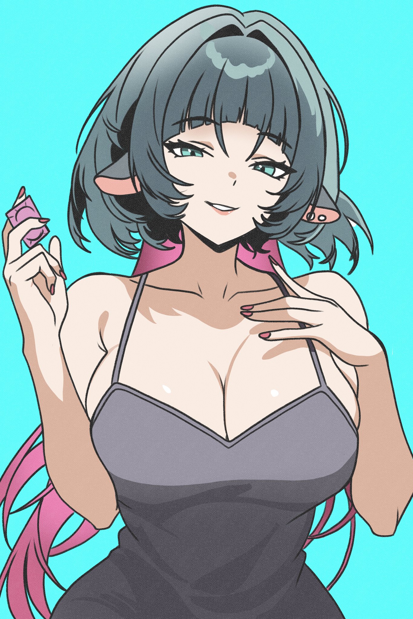 windriftdraws, jane doe (zenless zone zero), zenless zone zero, highres, 1girl, animal ears, aqua background, aqua eyes, black nightgown, breasts, cleavage, collarbone, condom, earrings, holding, holding condom, jewelry, large breasts, long hair, mouse ears, mouse girl, multicolored hair, nail polish, nightgown, shadow, smile, solo