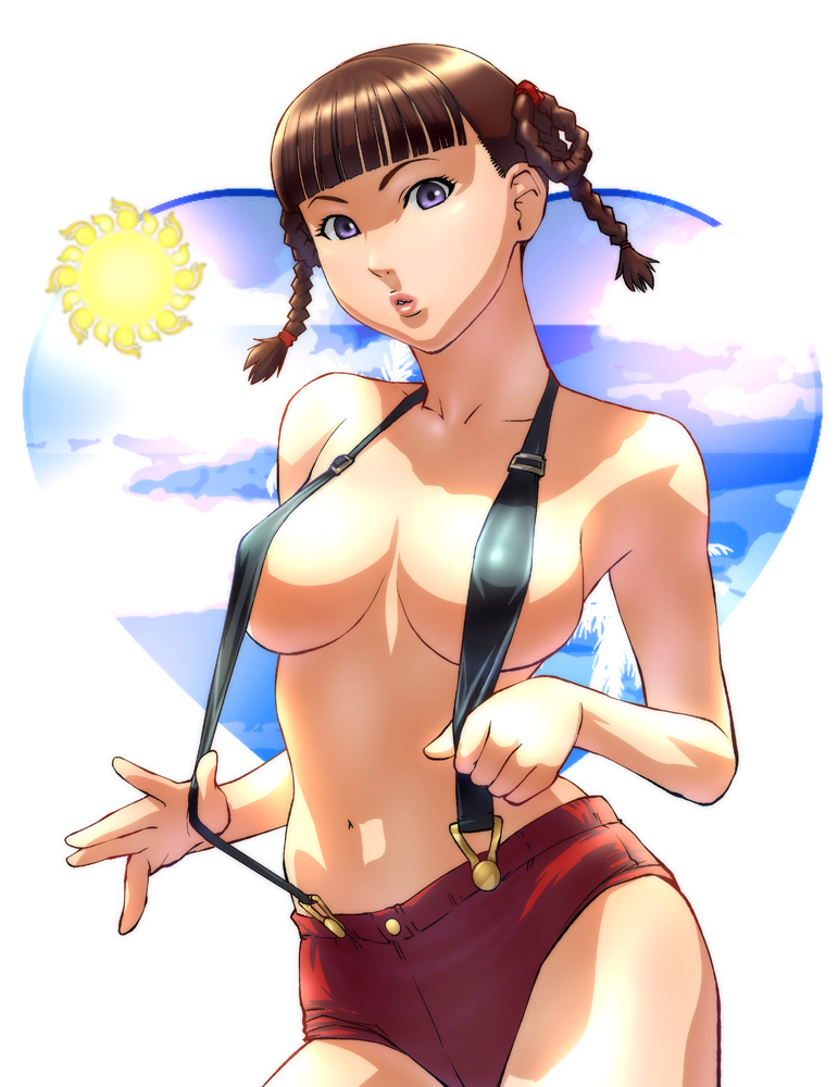 ueyama michirou, lei fang, dead or alive, tecmo, 1girl, braid, breasts, brown hair, female focus, heart, large breasts, lips, naked suspenders, revealing clothes, short hair, short shorts, shorts, solo, suspenders, topless female, twin braids
