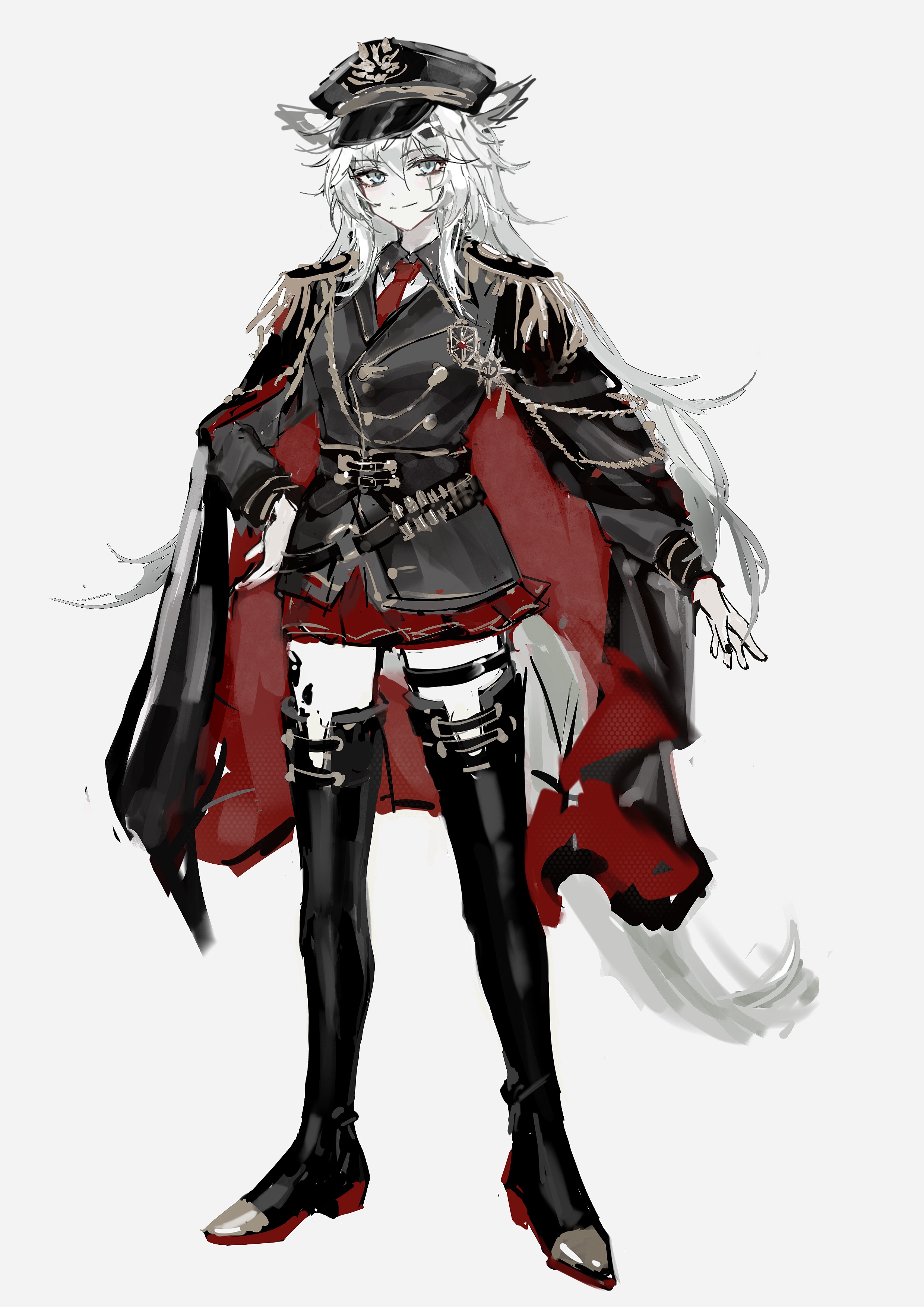 zhishi mao tiao, lappland (arknights), arknights, absurdres, chinese commentary, commentary request, highres, unfinished, 1girl, aiguillette, alternate costume, animal ears, black boots, black cape, black hat, black jacket, boots, cape, closed mouth, full body, grey background, grey eyes, hand on own hip, hat, jacket, long hair, long sleeves, looking at viewer, material growth, military hat, military jacket, military uniform, miniskirt, necktie, oripathy lesion (arknights), peaked cap, red cape, red necktie, red skirt, scar, scar across eye, scar on face, simple background, sketch, skirt, smile, solo, split mouth, standing, tail, thigh boots, thigh strap, two-sided cape, two-sided fabric, white hair, wolf ears, wolf girl