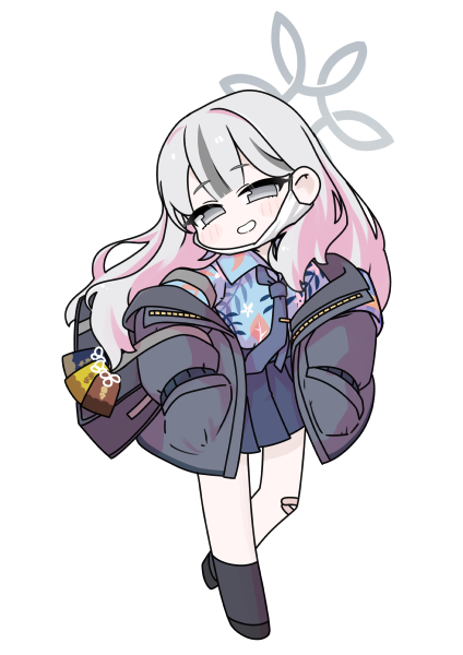 miranofuudoria, konoka (blue archive), blue archive, 1girl, bag, bandaid, bandaid on knee, bandaid on leg, black shoes, black socks, blue necktie, blue shirt, blue skirt, chibi, collared shirt, full body, grey eyes, grey hair, grey jacket, halo, hands in pockets, hawaiian shirt, head tilt, jacket, long hair, long sleeves, looking at viewer, multicolored hair, necktie, off shoulder, open clothes, open jacket, pleated skirt, print shirt, puffy long sleeves, puffy sleeves, school bag, shirt, shoes, simple background, skirt, smile, socks, solo, streaked hair, tie clip, very long hair, white background