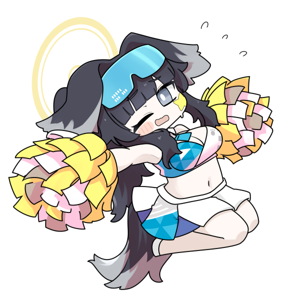 miranofuudoria, hibiki (blue archive), hibiki (cheer squad) (blue archive), blue archive, 1girl, animal ears, black hair, blush stickers, breasts, cheerleader, chibi, cleavage, dog ears, dog girl, dog tail, flying sweatdrops, full body, goggles, goggles on head, large breasts, long hair, navel, one eye closed, open mouth, pleated skirt, pom pom (cheerleading), shoes, simple background, skirt, solo, star (symbol), tail, very long hair, wavy mouth, white background, white shoes, white skirt