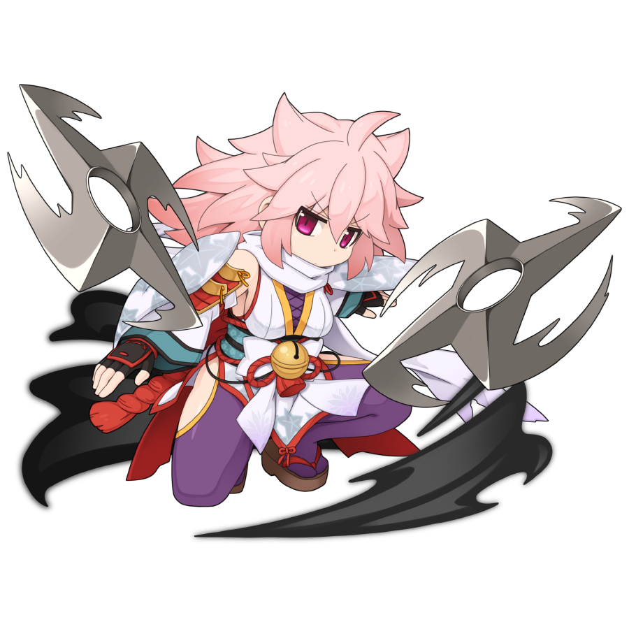 yuichirou, ragnarok online, official art, 1girl, bell, black gloves, bow, brown sandals, chibi, chibi only, clothing cutout, detached sleeves, fingerless gloves, fishnet top, fishnets, full body, gloves, hip vent, jingle bell, long hair, obi, pantyhose, pink hair, purple eyes, purple pantyhose, sandals, sash, shiranui (ragnarok online), shuriken, simple background, sleeveless tunic, solo, squatting, transparent background, tunic, waist bow, weapon, white bow, white sleeves, white tunic, zouri