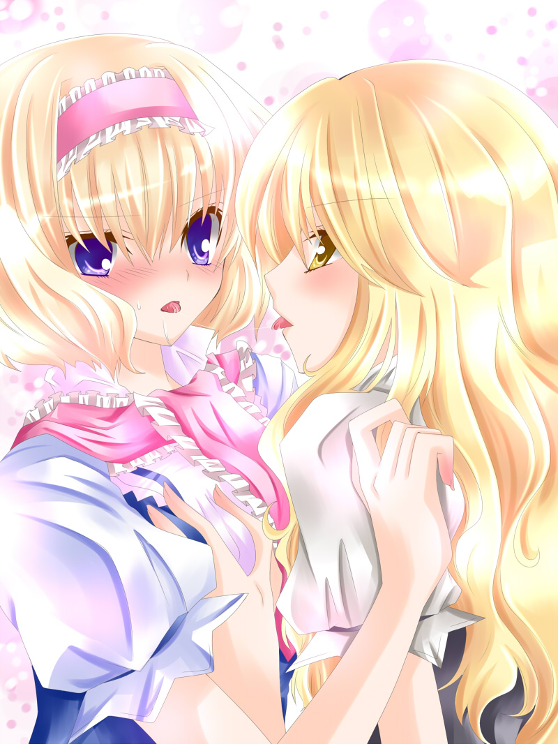 nanase nao, alice margatroid, kirisame marisa, touhou, bad id, bad pixiv id, 2girls, after kiss, blonde hair, blue eyes, blush, breasts, female focus, grabbing another's breast, groping, hairband, long hair, multiple girls, saliva, saliva trail, short hair, tongue, yellow eyes, yuri