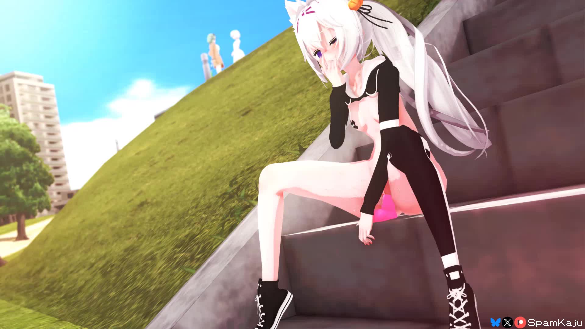 spamkaju, crelly parfait, ellie minibot, filian (vtuber), indie virtual youtuber, animated, sound, tagme, video, 3girls, animal ears, breasts, clothes lift, crustle (artist), dildo, dildo riding, exhibitionism, female focus, finger to mouth, flat chest, masturbation, moaning, multiple girls, outdoors, pants, pants around one leg, pasties, petite, ponytail, public indecency, public nudity, purple eyes, pussy, sex toy, shirt lift, shoes, sitting, sitting on stairs, small breasts, sneakers, solo, stairs, streamer audio, sucking finger, sweater, sweater lift, sweatpants, tape, tape on nipples, undressing, virgin, virtual youtuber, white hair