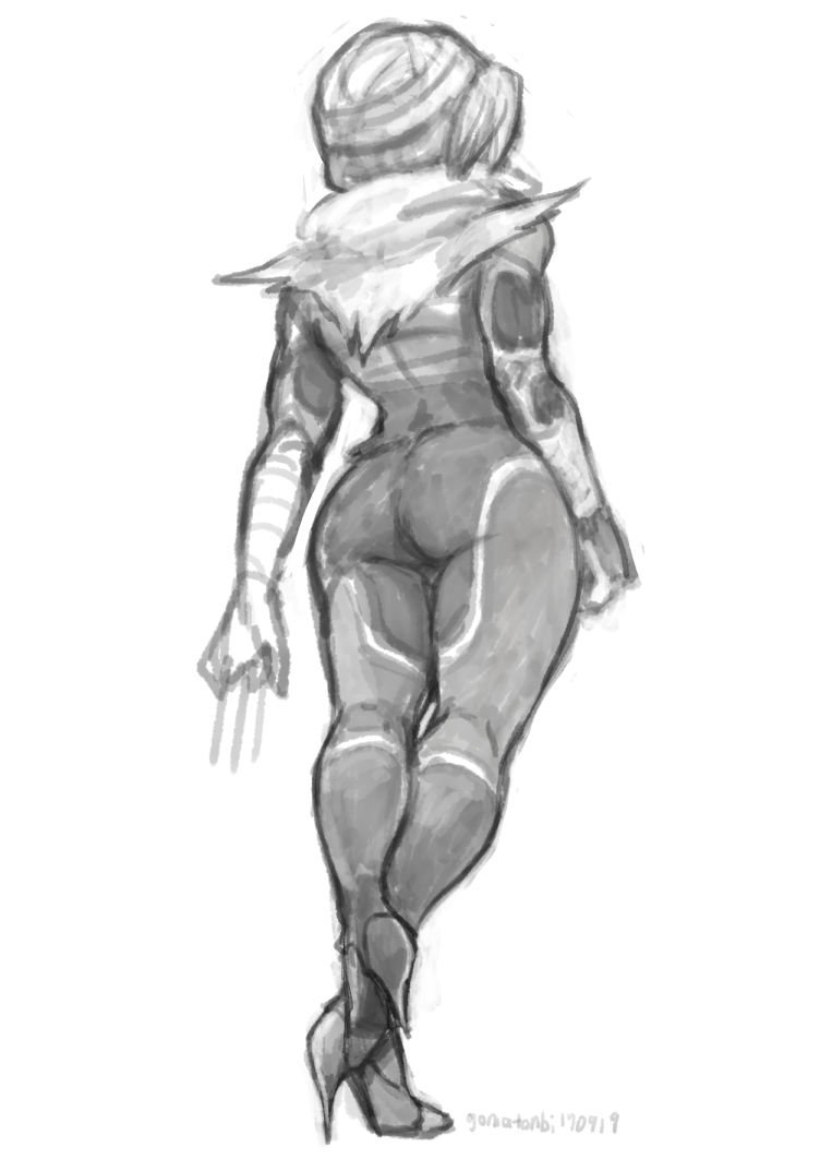 goma tonbi, sheik, nintendo, super smash bros., the legend of zelda, the legend of zelda: ocarina of time, 1girl, adapted costume, arm wrap, ass, bodysuit, from behind, full body, greyscale, high heels, monochrome, needle, solo, thick thighs, thighs, white background, wide hips