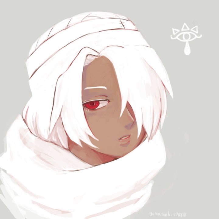 goma tonbi, sheik, nintendo, the legend of zelda, the legend of zelda: ocarina of time, 1girl, dark-skinned female, dark skin, grey background, hair over one eye, lips, looking to the side, parted lips, portrait, red eyes, solo, turban, white hair