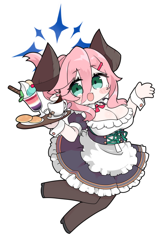 miranofuudoria, juri (blue archive), blue archive, 1girl, :d, apron, black dress, black shoes, blush stickers, breasts, brown pantyhose, chibi, cleavage, cup, dress, folded ponytail, food, frilled apron, frills, full body, green eyes, hair between eyes, hair ornament, hairclip, halo, hands up, high heels, holding, holding tray, horns, large breasts, open mouth, pantyhose, parfait, pink hair, plate, saucer, shoes, simple background, smile, solo, spoon, tray, white apron, white background, wrist cuffs
