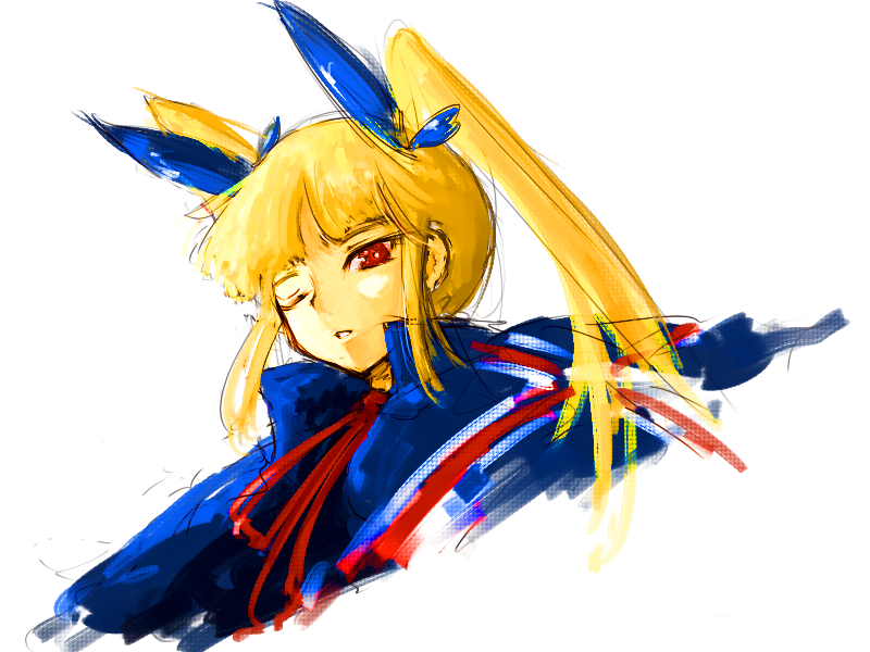 rotya, rachel alucard, arc system works, blazblue, blonde hair, gothic lolita, hair ribbon, lolita fashion, long hair, one eye closed, red eyes, ribbon, solo, twintails, vampire, wink