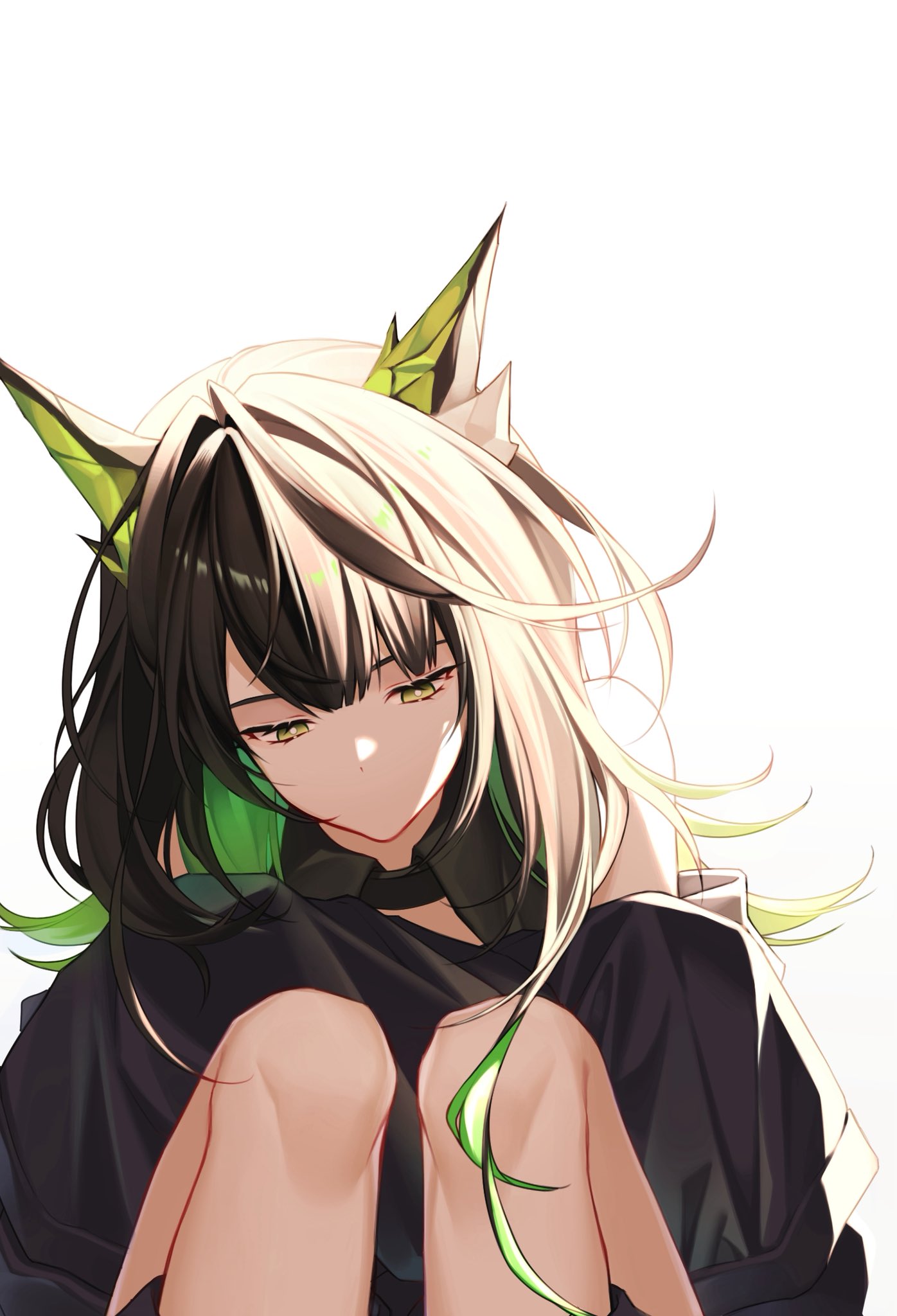 etru faufau, mon3tr (arknights), arknights, highres, 1girl, bare shoulders, black hair, black jacket, bright pupils, colored inner hair, green eyes, green hair, jacket, long hair, looking down, multicolored hair, no mouth, off shoulder, solo, white background, white pupils