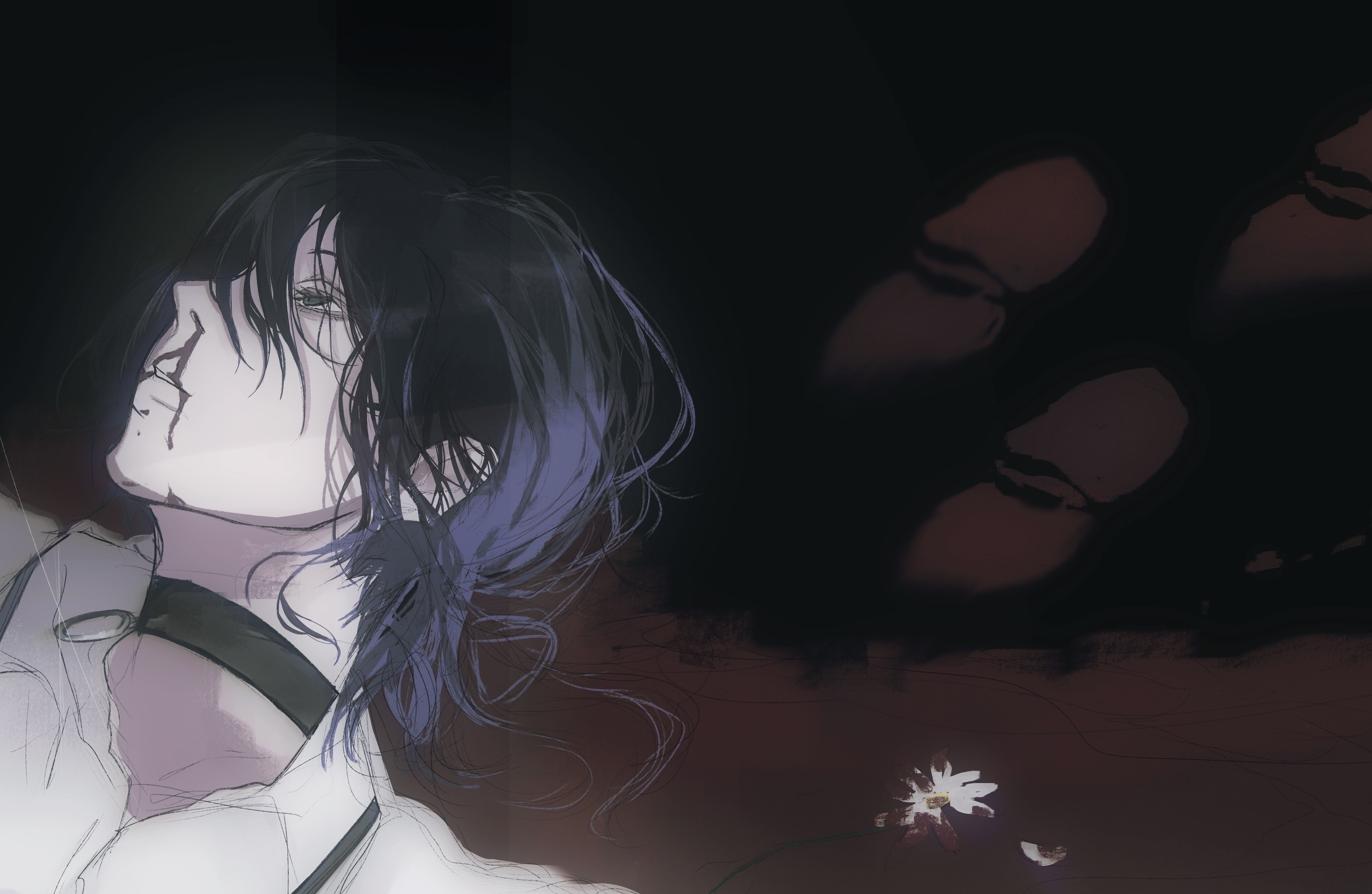 reze (chainsaw man), chainsaw man, absurdres, highres, spoilers, 1girl, black choker, blood, blood on flower, bloody footprints, choker, death, flower, grenade pin, grey eyes, huhaha09, lying, nosebleed, on back, purple hair, shirt, solo, white flower, white shirt