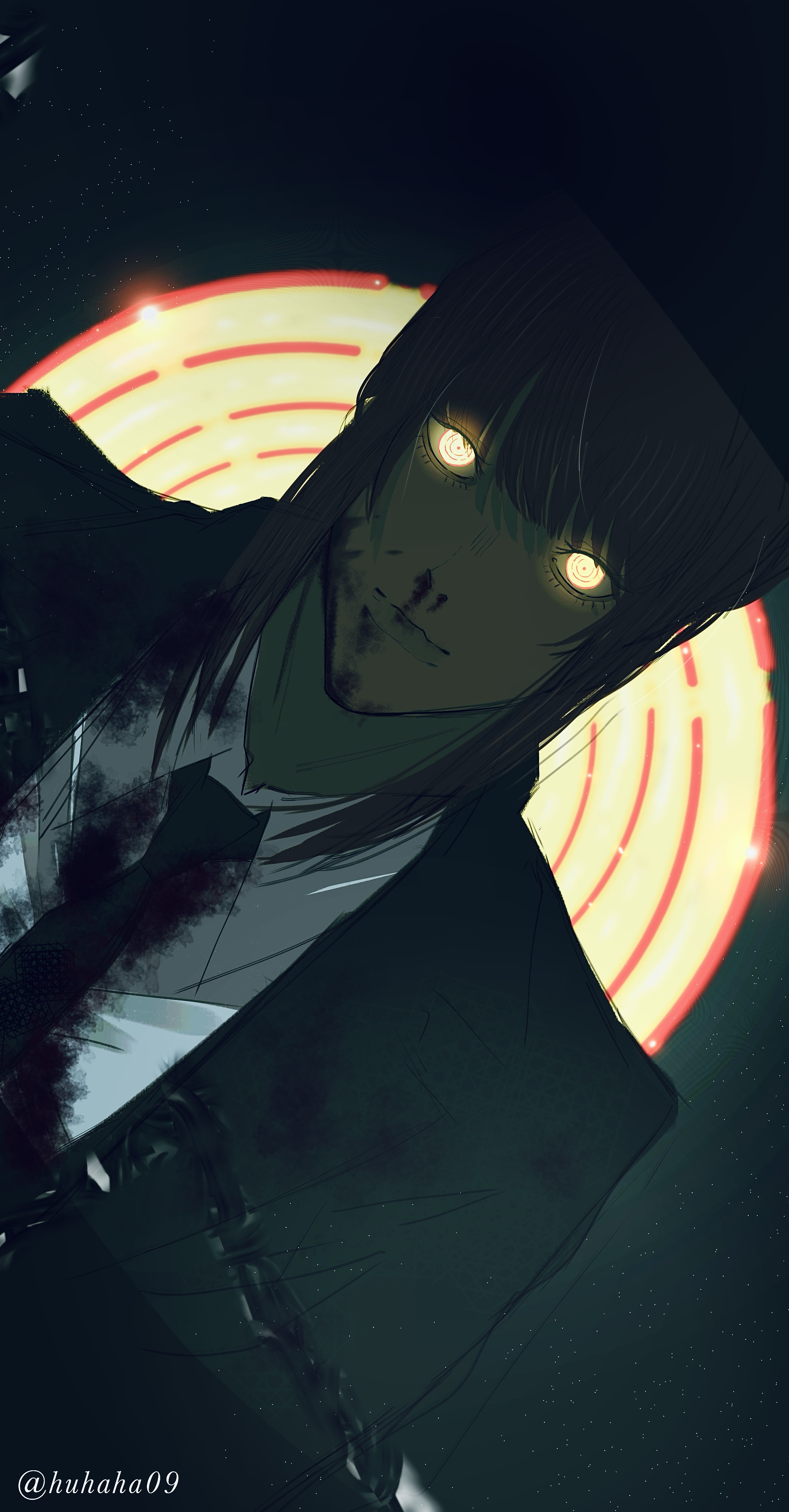 makima (chainsaw man), chainsaw man, absurdres, highres, 1girl, artist name, black coat, black necktie, blood, blood on clothes, blood on face, closed mouth, coat, collared shirt, glowing, glowing eyes, huhaha09, long hair, looking at viewer, necktie, red hair, ringed eyes, shirt, sidelocks, solo, white shirt, yellow eyes
