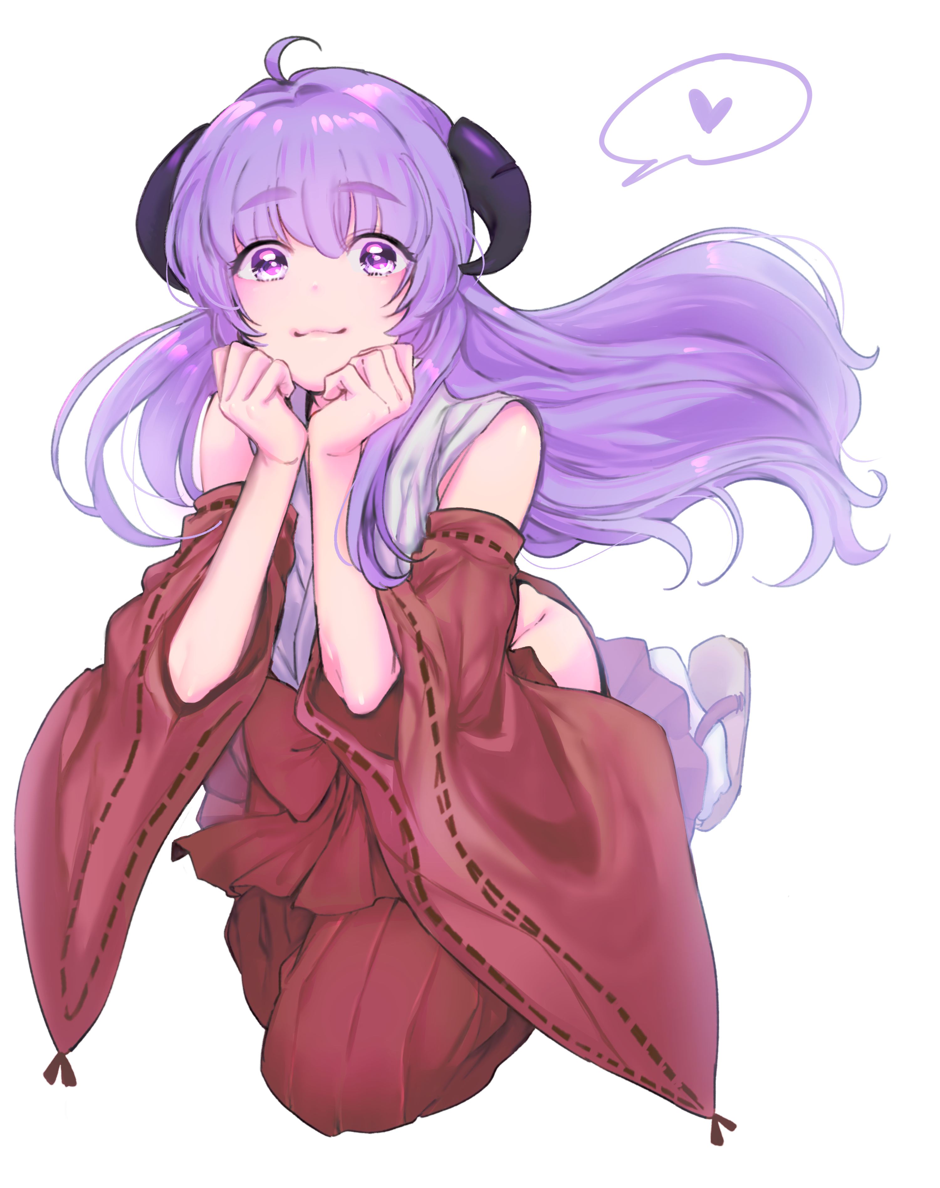 takenaka yukari, hanyuu, higurashi no naku koro ni, absurdres, highres, 1girl, :3, ahoge, closed mouth, clothing cutout, detached sleeves, floating, floating hair, full body, hakama, hakama pants, hakama skirt, heart, hip vent, horns, japanese clothes, kimono, long hair, long sleeves, looking at viewer, miko, pants, purple eyes, purple hair, red hakama, red sleeves, ribbon-trimmed sleeves, ribbon trim, sandals, simple background, skirt, sleeveless, sleeveless kimono, smile, solo, spoken heart, tabi, very long hair, white background, wide sleeves