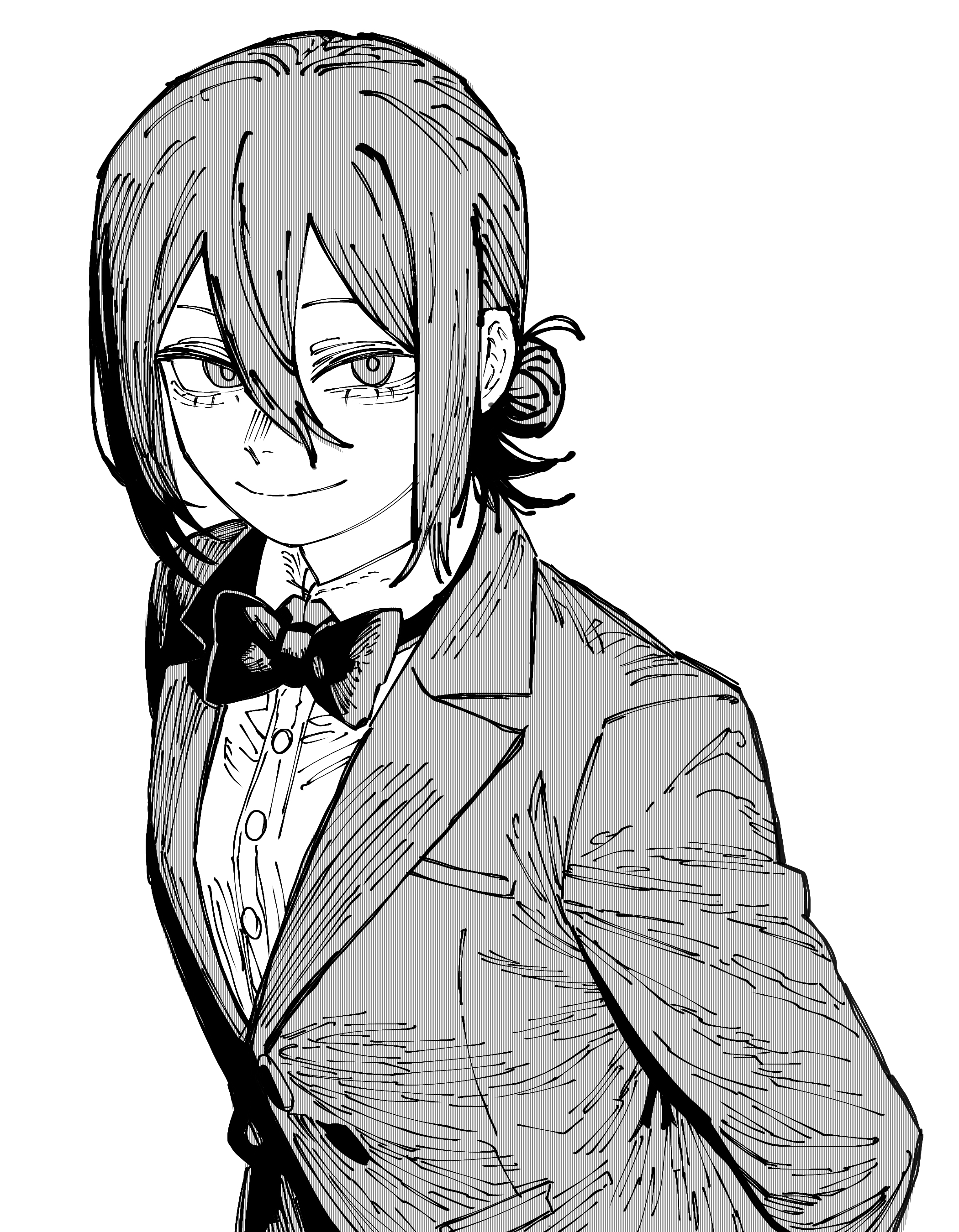 reze (chainsaw man), chainsaw man, absurdres, highres, 1girl, alternate costume, arms behind back, blazer, bow, bowtie, closed mouth, collared shirt, greyscale, hair between eyes, hair bun, jacket, looking at viewer, medium hair, monochrome, nekotaro (vtst8524), shirt, smile, solo