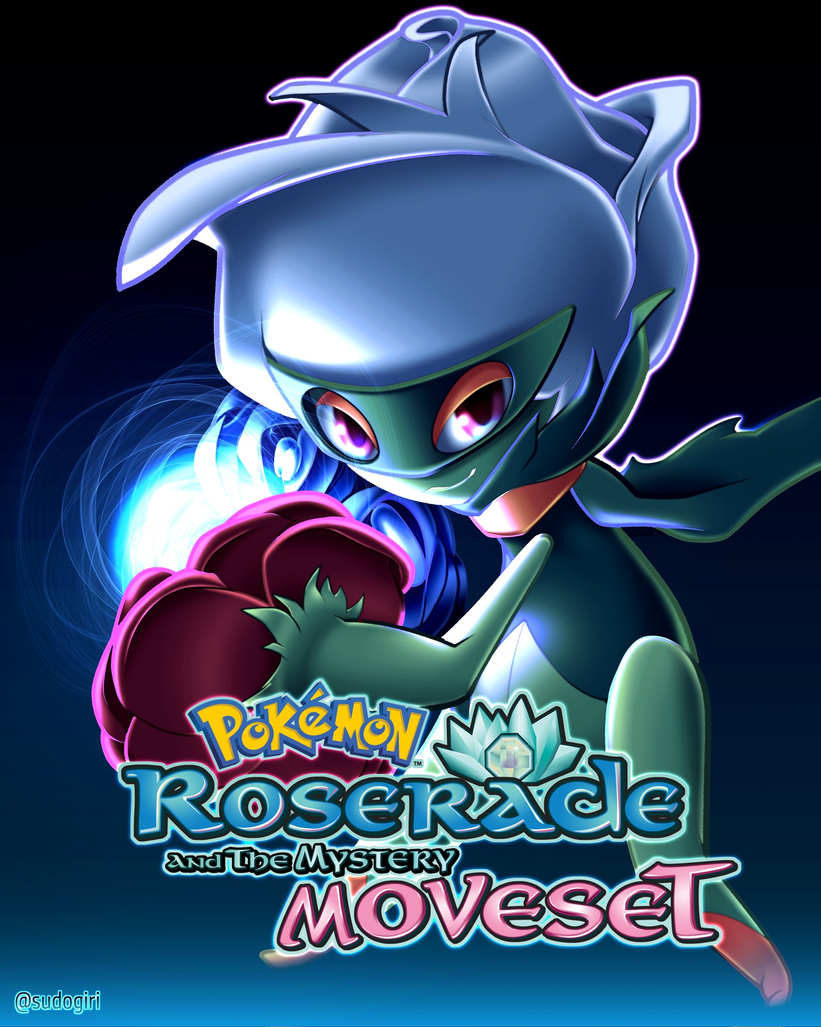 roserade, nintendo, pokemon, pokemon: lucario and the mystery of mew, pokemon (anime), pokemon rse (anime), commentary, english commentary, highres, artist name, aura sphere (pokemon), blue flower, blue rose, capelet, closed mouth, colored skin, flower, gen 4 pokemon, green capelet, green skin, multicolored skin, no feet, pants, pokemon (creature), pokemon move, red eyes, red flower, rose, short hair, smile, sudogiri vgc, two-tone skin