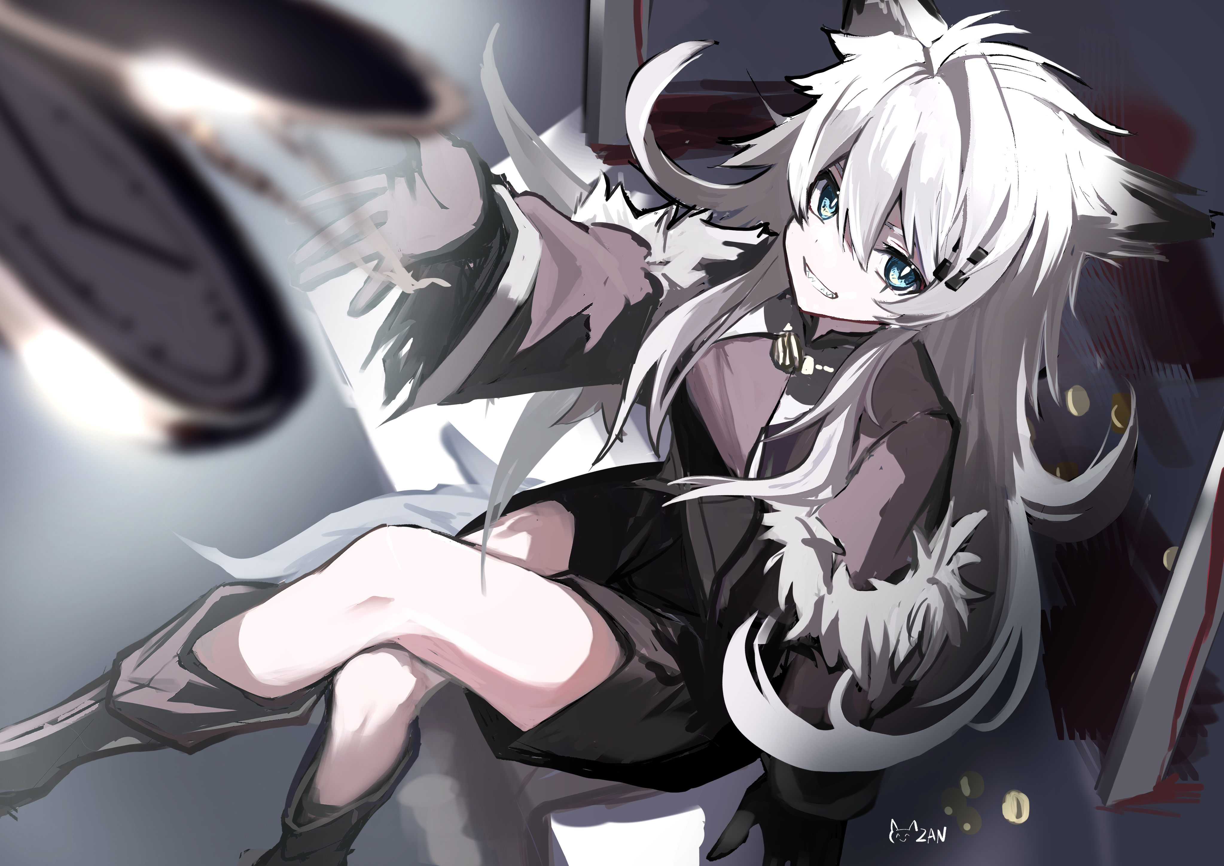 sigma zan, lappland (arknights), lappland (refined horrormare) (arknights), arknights, absurdres, commentary, highres, 1girl, animal ears, black boots, black dress, black gloves, blue eyes, blurry, blurry background, boots, bright pupils, crossed legs, depth of field, dress, feet out of frame, from above, fur-trimmed dress, fur trim, gloves, grin, hair between eyes, knee boots, long hair, long sleeves, official alternate costume, pocket watch, sitting, smile, solo, watch, white hair, white pupils, wolf ears, wolf girl