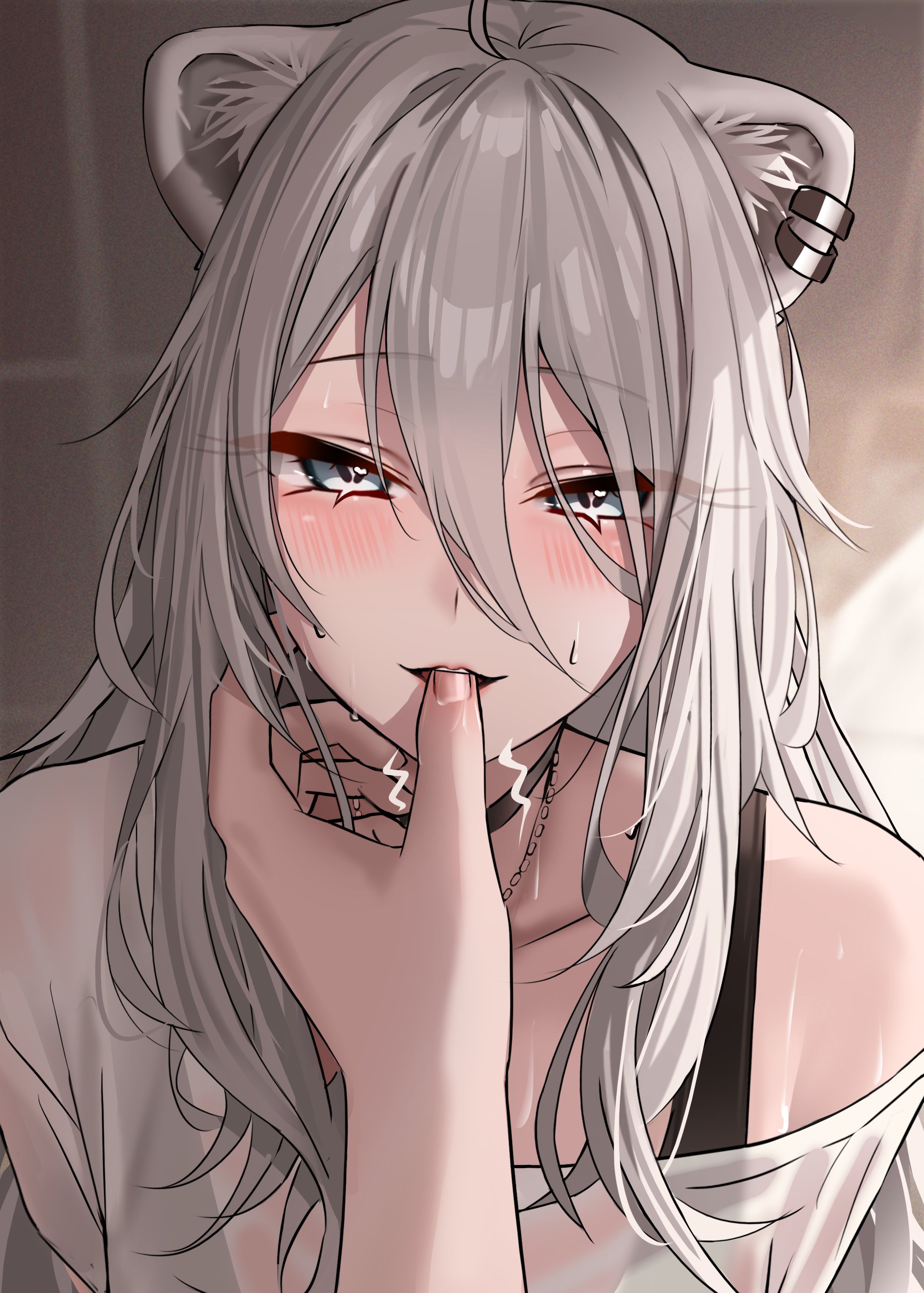 wanne, shishiro botan, shishiro botan (midnight convenience store), hololive, absurdres, commentary request, highres, 1girl, 1other, ahoge, animal ear piercing, animal ears, black choker, bra strap, choker, double-parted bangs, finger in another's mouth, grey eyes, grey hair, hair between eyes, jewelry, lion ears, lion girl, long hair, long hair between eyes, looking at viewer, necklace, official alternate costume, official alternate hairstyle, open mouth, pov, pov hands, shirt, sidelocks, single off shoulder, virtual youtuber, white shirt