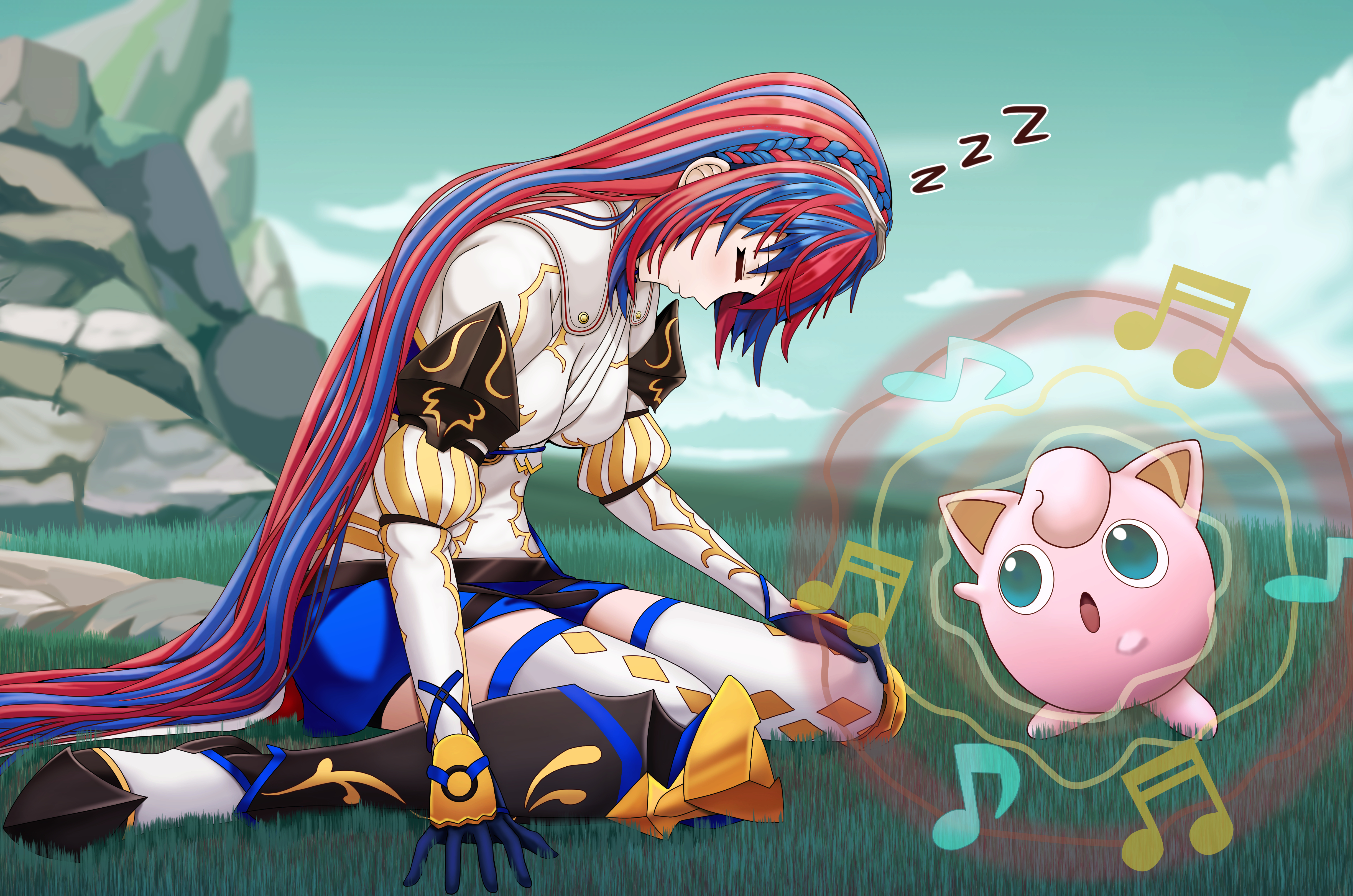 saikunartworks, female alear (fire emblem), jigglypuff, fire emblem, fire emblem engage, nintendo, pokemon, absurdres, commission, highres, 1girl, 1other, blue hair, gen 1 pokemon, long hair, multicolored hair, music, pokemon (creature), red hair, singing, sleeping, split-color hair, two-tone hair