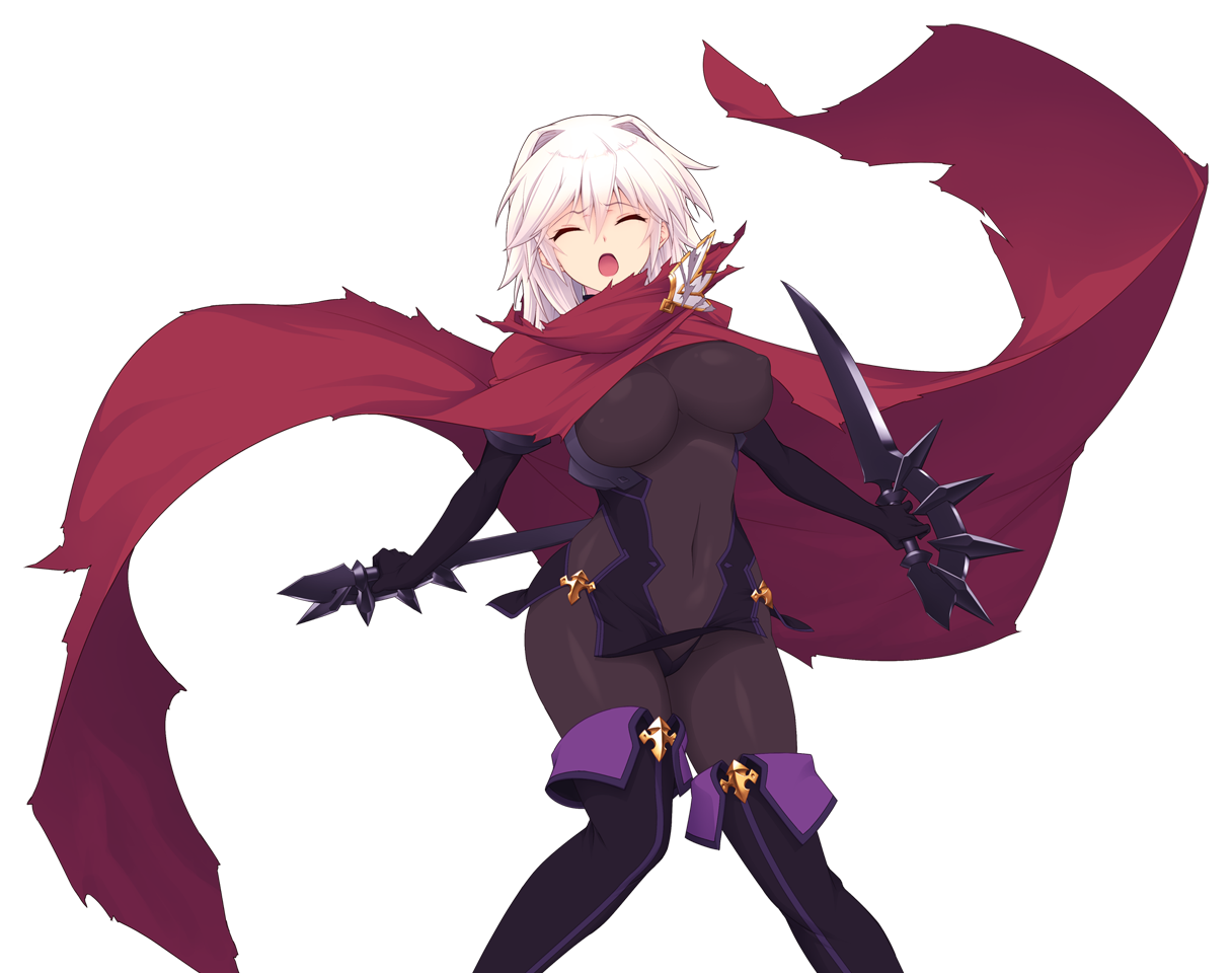 saitou natsuki, suhamaya, kourin tenshi en ciel rena, game cg, large variant set, non-web source, official art, variant set, 1girl, arisia hellioxenes, black bodysuit, bodysuit, boots, breasts, cape, cloak, closed eyes, covered navel, dual wielding, hair intakes, holding, holding weapon, knife, large breasts, open mouth, red cape, short hair, skin tight, solo, thigh boots, thighhighs, torn cape, torn clothes, transparent background, weapon, white hair