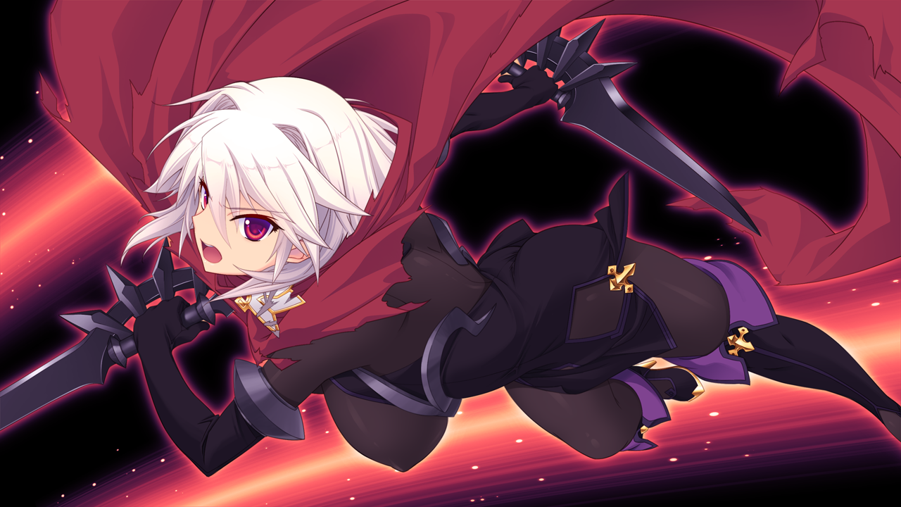 saitou natsuki, suhamaya, kourin tenshi en ciel rena, game cg, large variant set, non-web source, official art, variant set, 1girl, arisia hellioxenes, bodysuit, boots, breasts, cape, covered erect nipples, dual wielding, elbow gloves, gloves, holding, knife, large breasts, open mouth, pantyhose, purple eyes, red eyes, short hair, solo, sword, thigh boots, thighhighs, weapon, white hair
