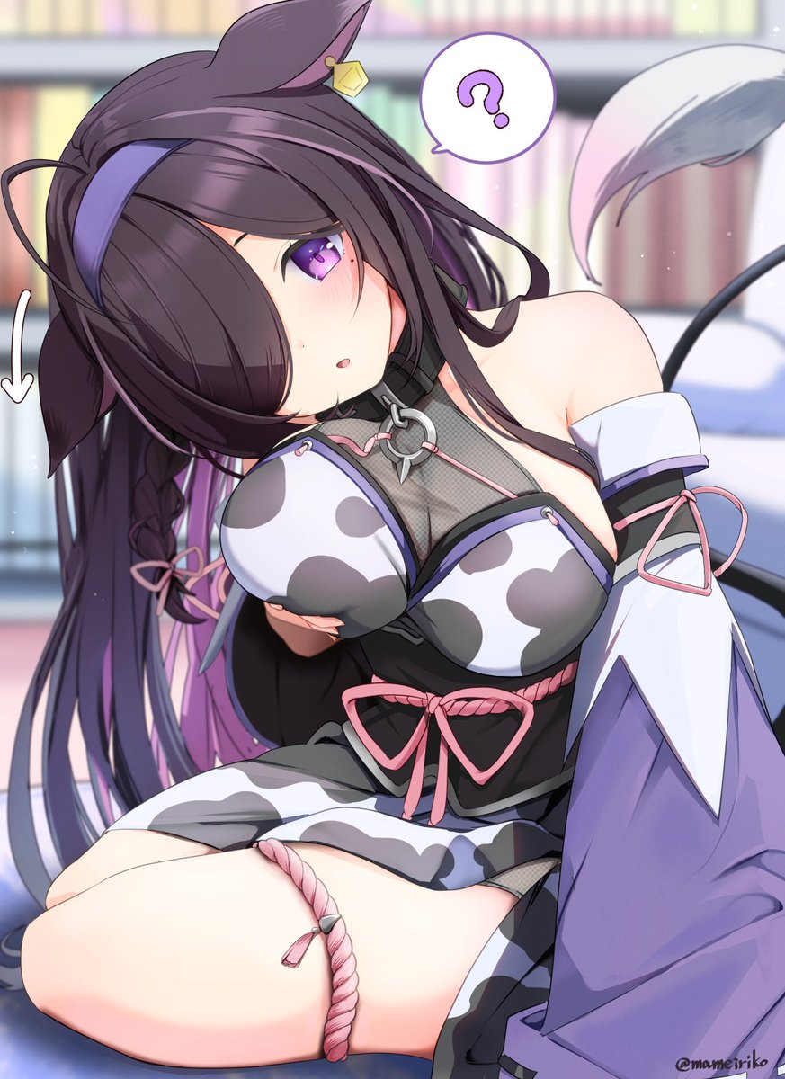 mameiriko, yagyu shino, nijisanji, hashtag-only commentary, highres, 1girl, ?, ahoge, animal ears, animal print, arrow (symbol), bare shoulders, belt collar, black collar, black hair, blurry, blurry background, blush, braid, breast lift, breasts, collar, colored inner hair, cow ears, cow girl, cow print, cow tail, detached sleeves, ear tag, full body, hair over one eye, hair ribbon, hairband, head tilt, japanese clothes, kimono, large breasts, long hair, long sleeves, looking at viewer, mole, mole under eye, multicolored hair, obi, obijime, one eye covered, parted bangs, parted lips, pink ribbon, print kimono, purple eyes, purple hair, purple hairband, purple sleeves, ribbon, ribbon-trimmed sleeves, ribbon trim, sash, see-through cleavage, see-through clothes, side braid, side slit, sidelocks, single braid, sitting, solo, spoken question mark, streaked hair, tail, tail raised, tassel, thigh strap, twitter username, virtual youtuber, wide sleeves, yokozuwari