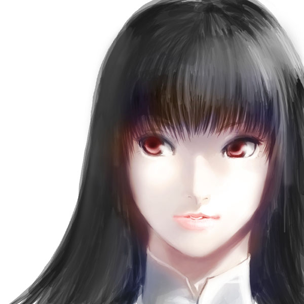 houraisan kaguya, touhou, looking away, 1girl, black hair, close-up, female focus, lips, lipstick, long hair, makeup, portrait, red eyes, simple background, solo, white background
