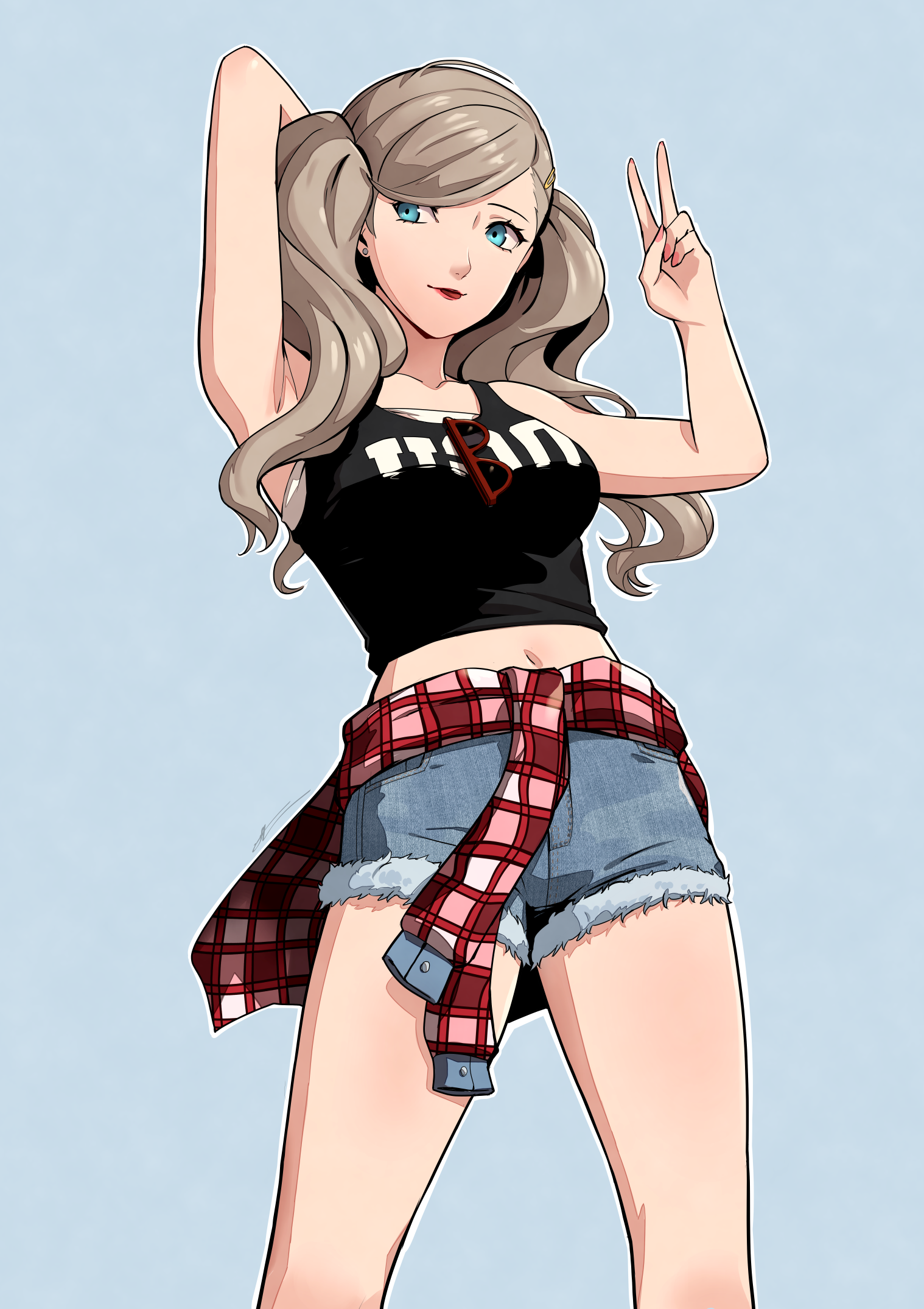 eightyfourart, takamaki anne, persona, persona 5, highres, 1girl, arm behind head, arm up, armpits, black tank top, blonde hair, blue background, blue eyes, breasts, clothes around waist, cowboy shot, denim, denim shorts, eyewear hang, looking at viewer, medium breasts, midriff, navel, red lips, shirt, shirt around waist, short shorts, shorts, simple background, solo, tank top, thighs, twintails, unworn eyewear, v