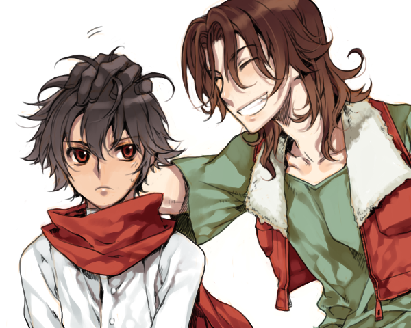 gotou hisashi, nonem, neil dylandy, setsuna f. seiei, gundam, gundam 00, bad id, bad pixiv id, 00s, 2boys, brown eyes, brown hair, closed eyes, jacket, long hair, male focus, multiple boys, scarf, shirt, short hair, simple background, standing