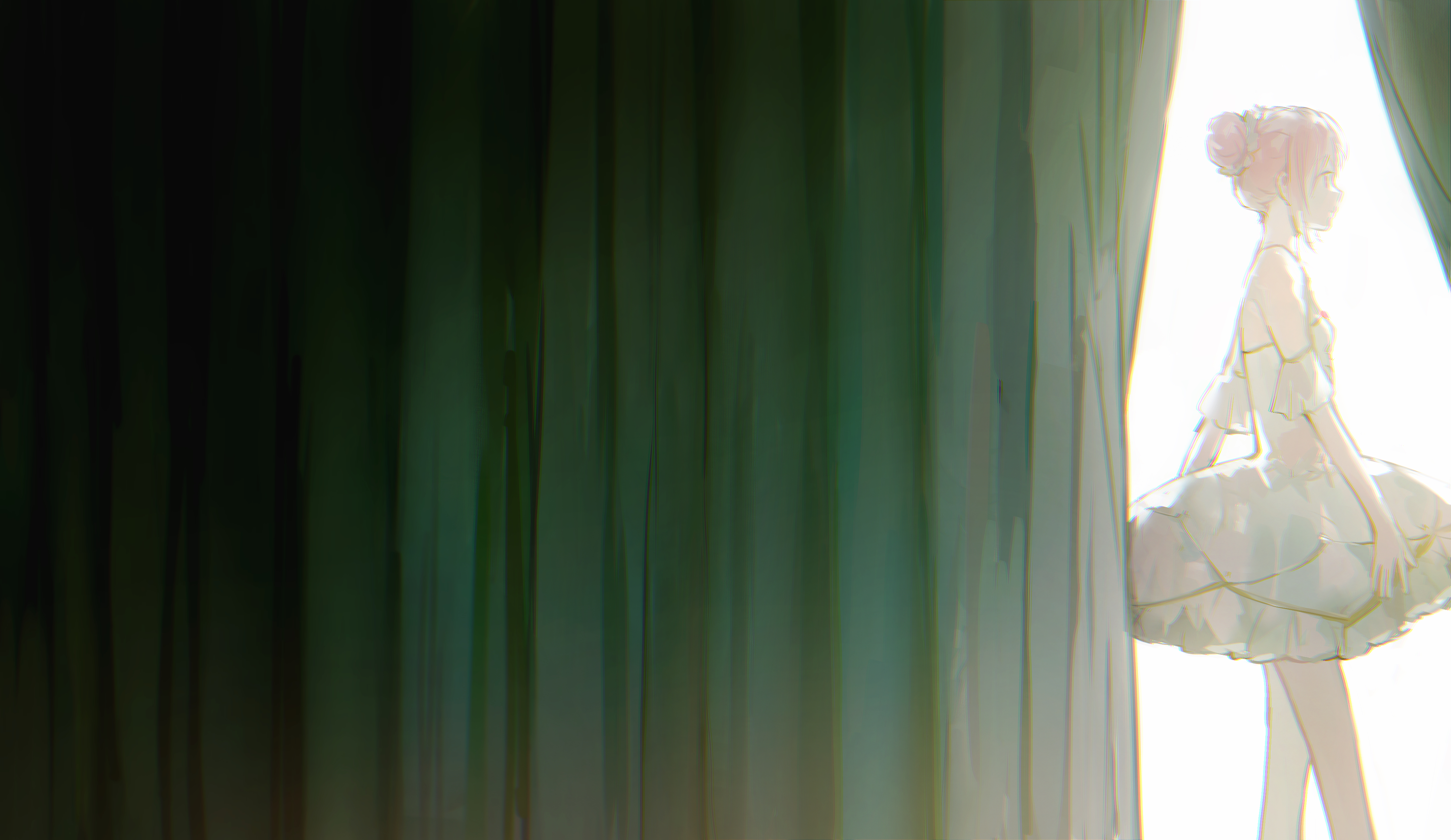 sijimao, kaname madoka, mahou shoujo madoka magica, mahou shoujo madoka magica (anime), absurdres, chinese commentary, commentary request, highres, 1girl, ballerina, bare legs, bare shoulders, closed mouth, cowboy shot, curtains, detached sleeves, dress, frilled dress, frills, from side, hair bun, hair ornament, hair scrunchie, happy, official alternate costume, pink eyes, pink hair, scrunchie, short dress, short hair, short sleeves, single hair bun, sleeveless, sleeveless dress, smile, solo, updo, walking, white dress, white scrunchie, white sleeves