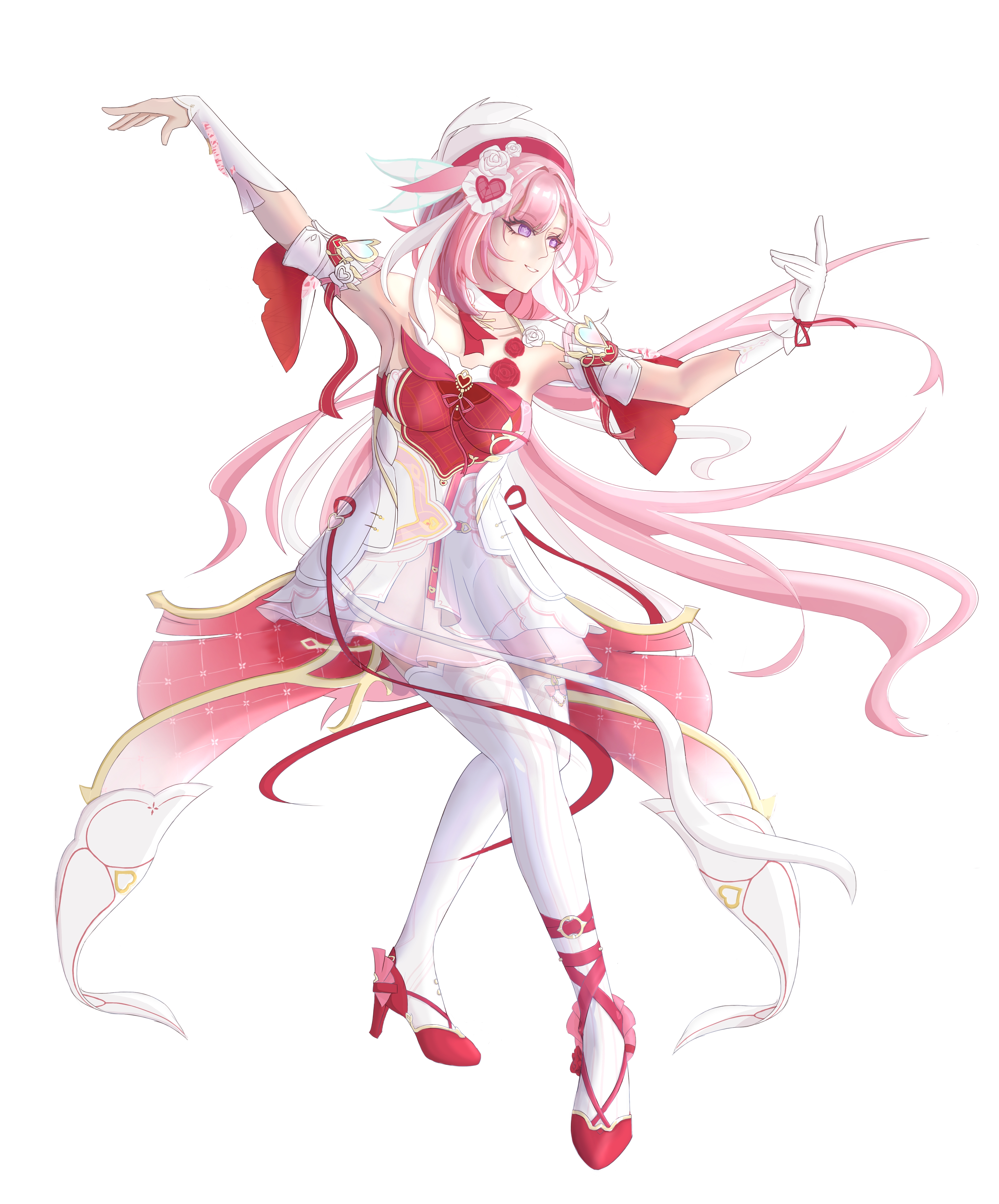 elysia (hi love elf) (honkai impact), elysia (honkai impact), honkai (series), honkai impact 3rd, absurdres, chinese commentary, commentary request, highres, 1girl, armpits, beret, breasts, diamond-shaped pupils, diamond (shape), dress, full body, gloves, hat, large breasts, long hair, multicolored hair, pink hair, purple eyes, red dress, simple background, single glove, smile, solo, symbol-shaped pupils, thighhighs, two-tone hair, very long hair, white background, white dress, white gloves, white hair, white thighhighs, zhangan703