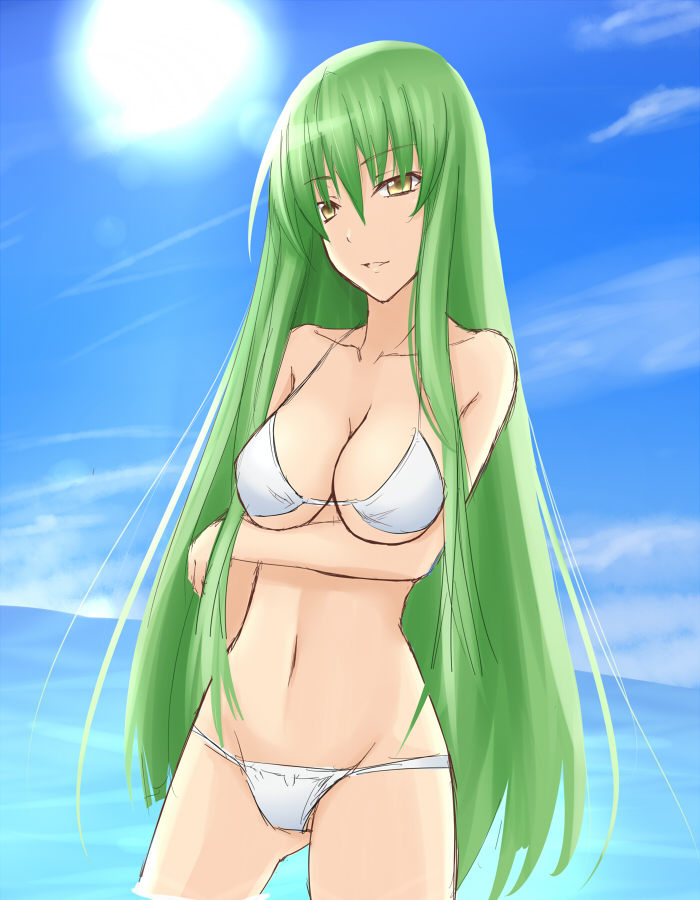 akitsuki karasu, c.c., code geass, 00s, bikini, day, green hair, long hair, lowleg, lowleg bikini, solo, swimsuit, wading, water, white bikini, yellow eyes